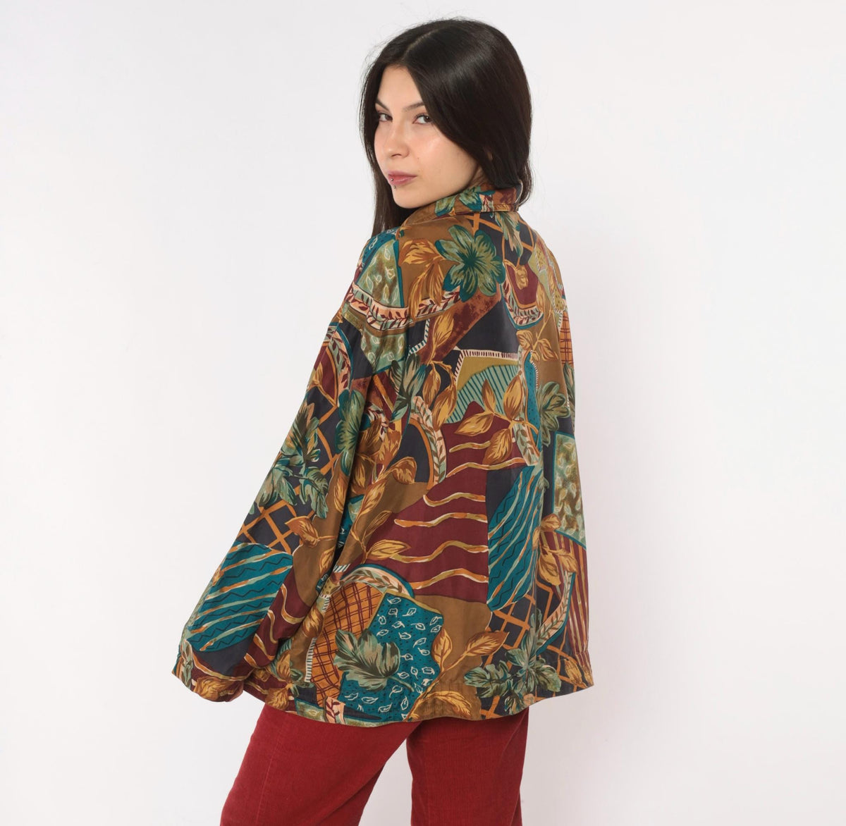 90s EVR Silk Bomber Jacket Tan Patchwork Leaf Print Unisex Large L