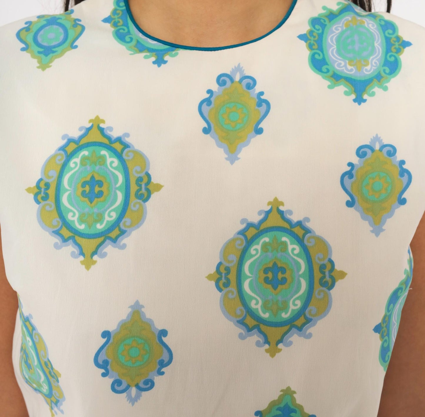 60s R & K Originals Medallion Print Dress Teal White Pleated A-Line Medium