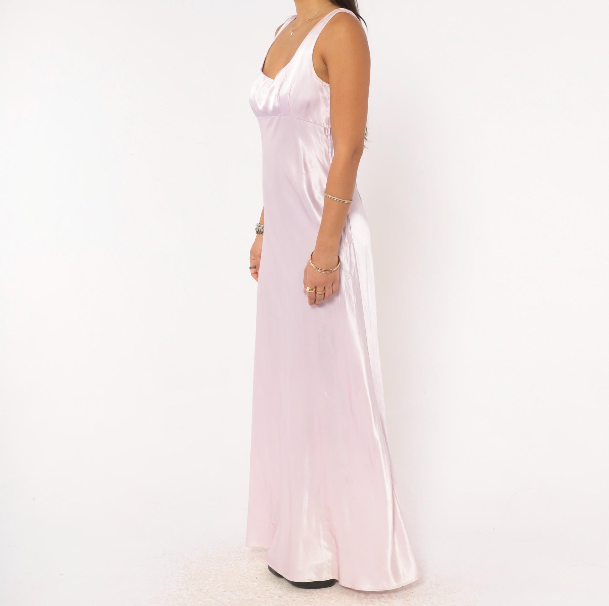 90s Niki Originals Lilac Satin Maxi Gown Sweetheart Neckline Lace-Up Back Medium M