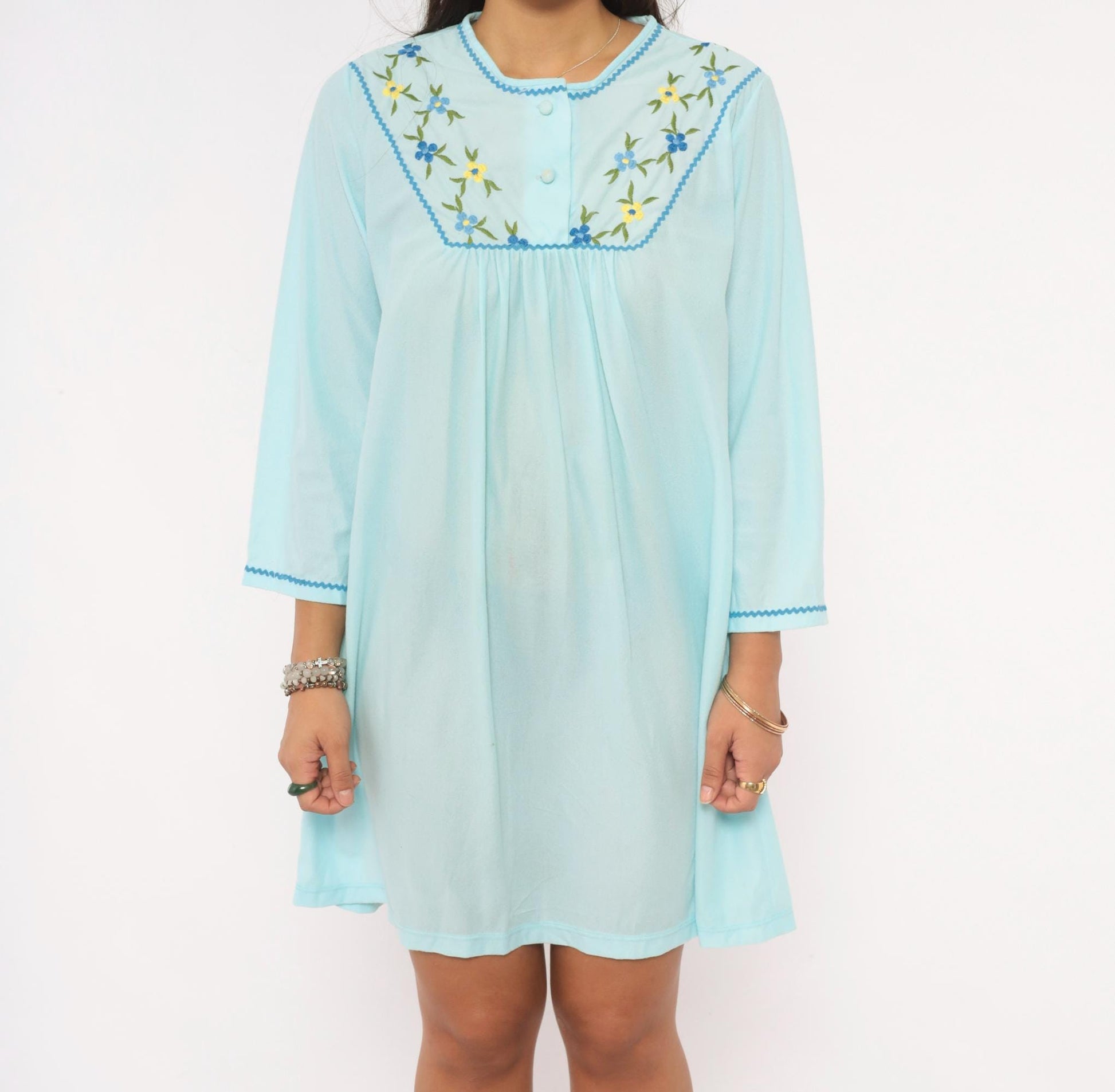 80s Sears Embroidered Floral Nightgown Baby Blue Button Front Mini Small