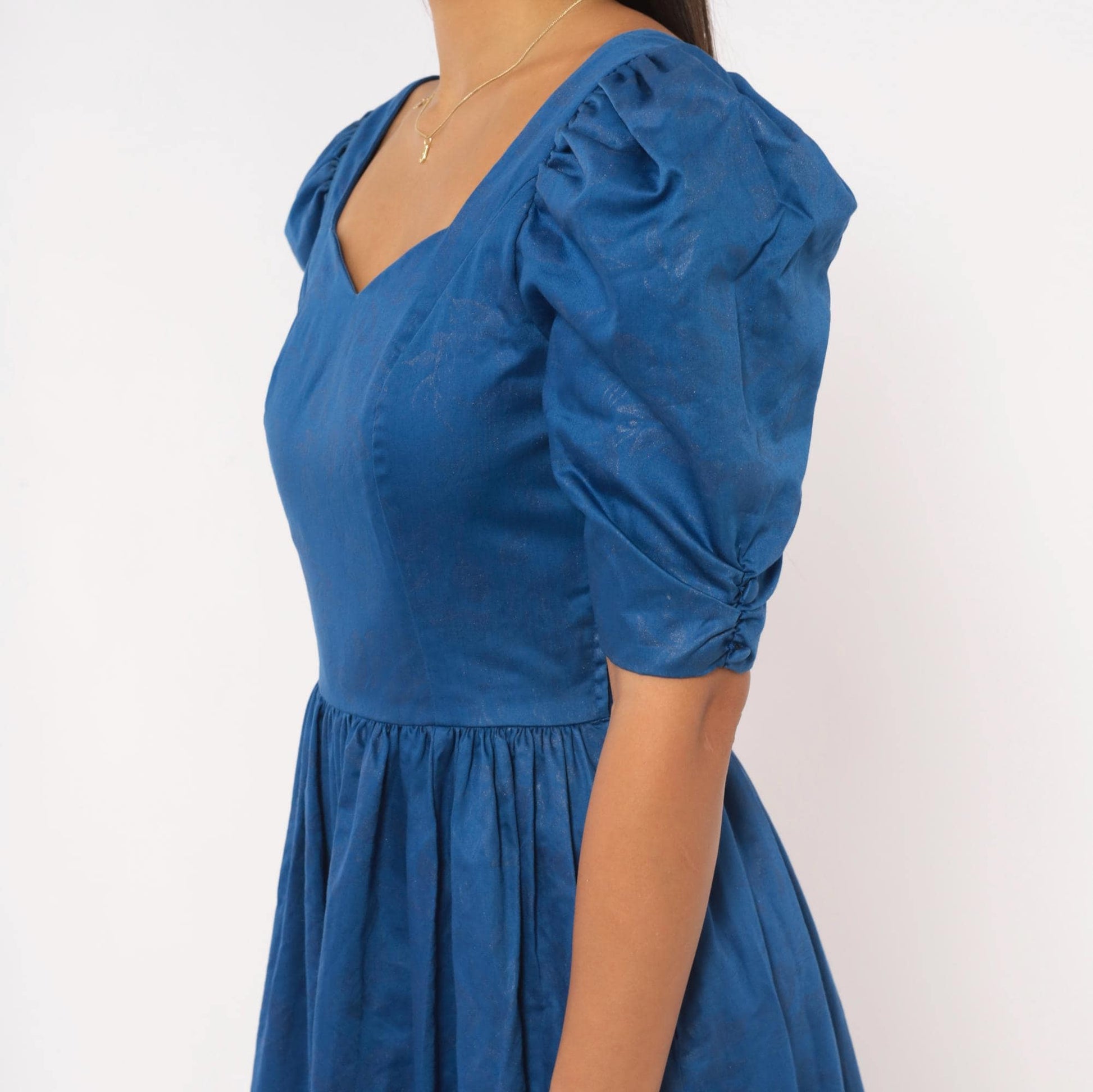 80s Laura Ashley Midi Dress Blue Cotton Puff Sleeve Sweetheart Neckline Extra Small XS