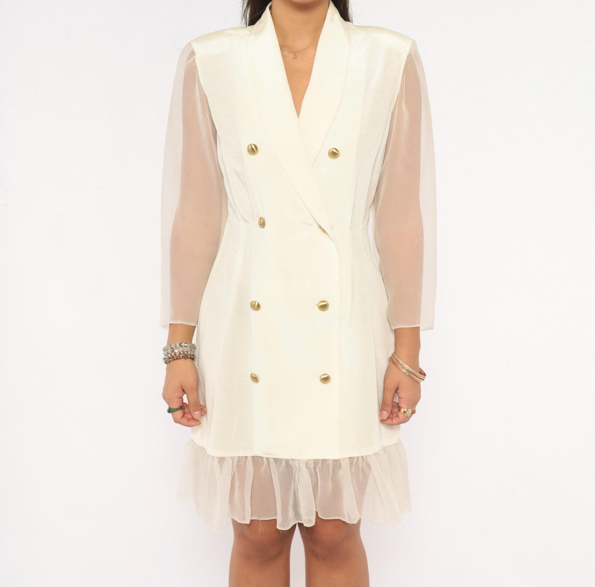 90s Cream Double Breasted Blazer Dress Gold Buttons Sheer Organza Mini Large L
