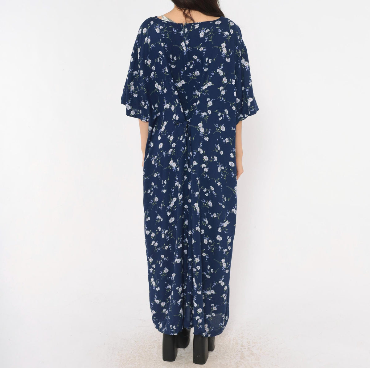 90s Navy Floral Rayon Dress Pintuck Daisy Print Tie Back Ankle Maxi Plus Size 3X