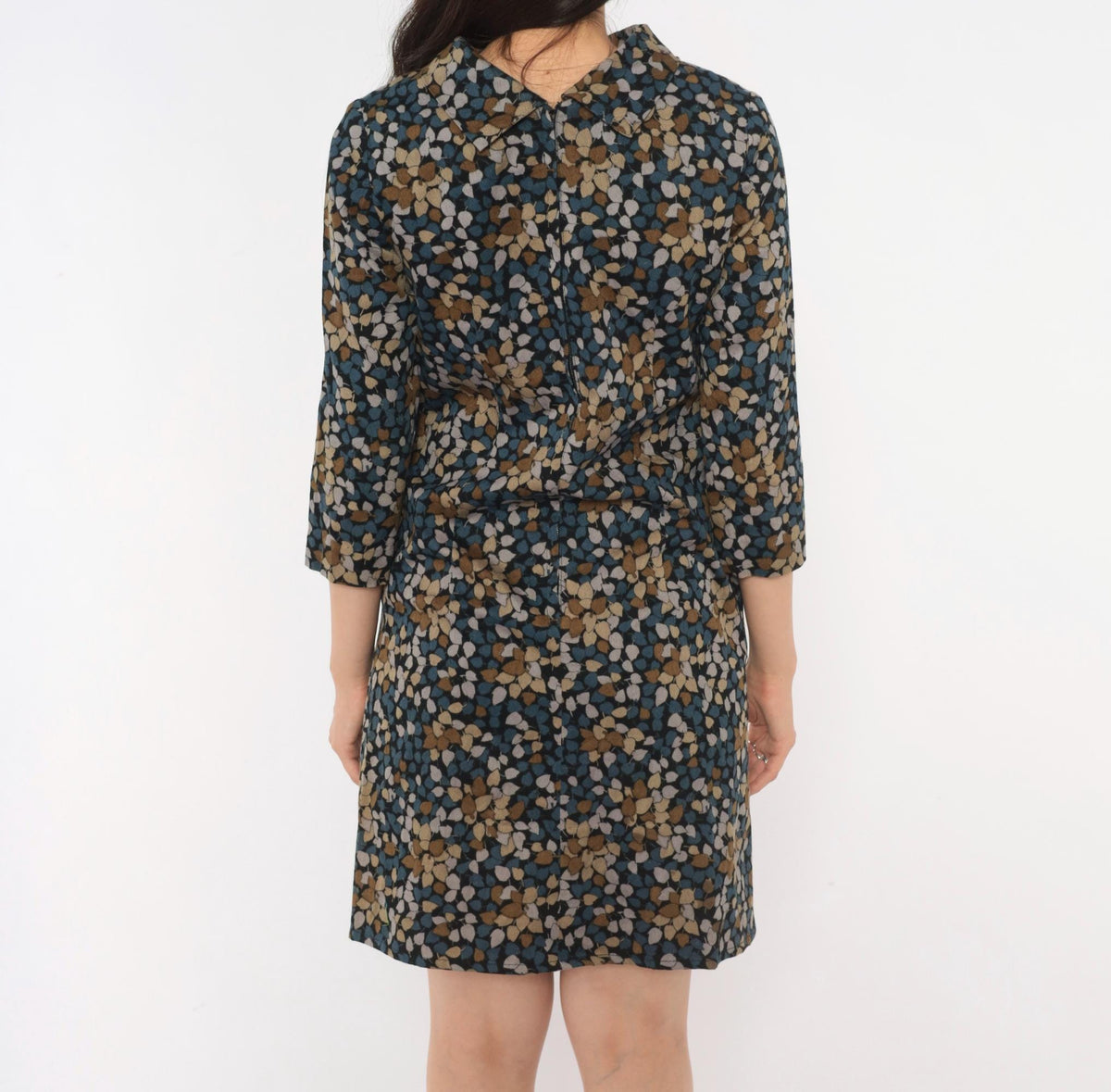 60s Leaf Print Shift Dress Black Crepe Mock Neck Three Quarter Sleeve Extra Small XS