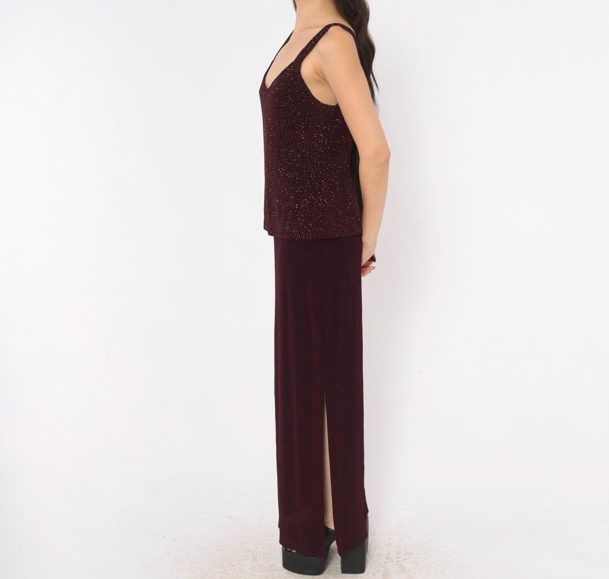 90s R&M Richards Burgundy Glitter Maxi Dress V-Neck Sleeveless Medium