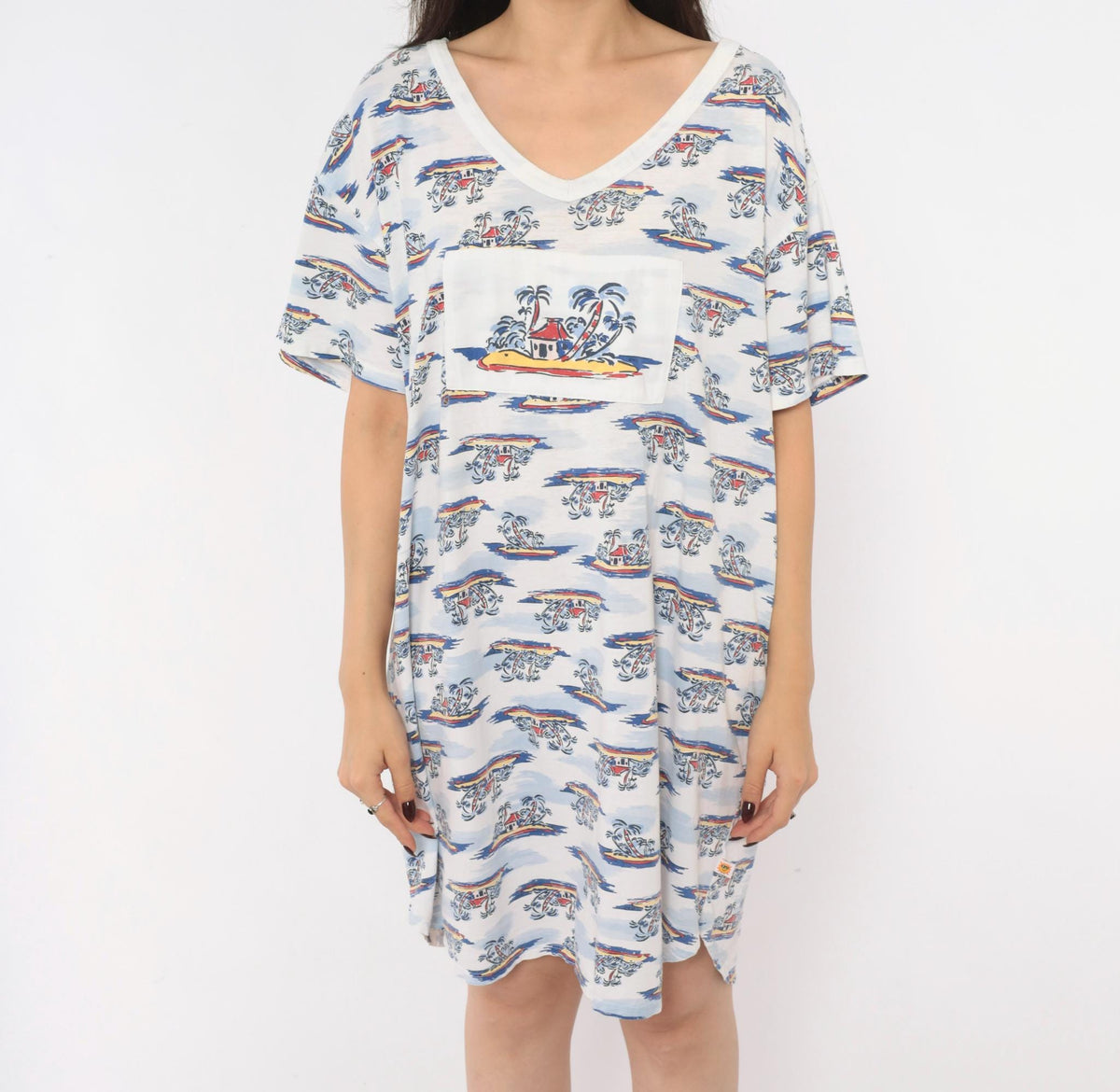 90s Down Under Tropical Palm Tree T-Shirt Dress White Blue Cotton One Size