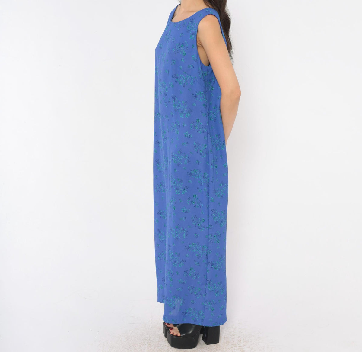 90s Leslie Fay Blue Floral Maxi Dress Sleeveless Scoop Neck Large L