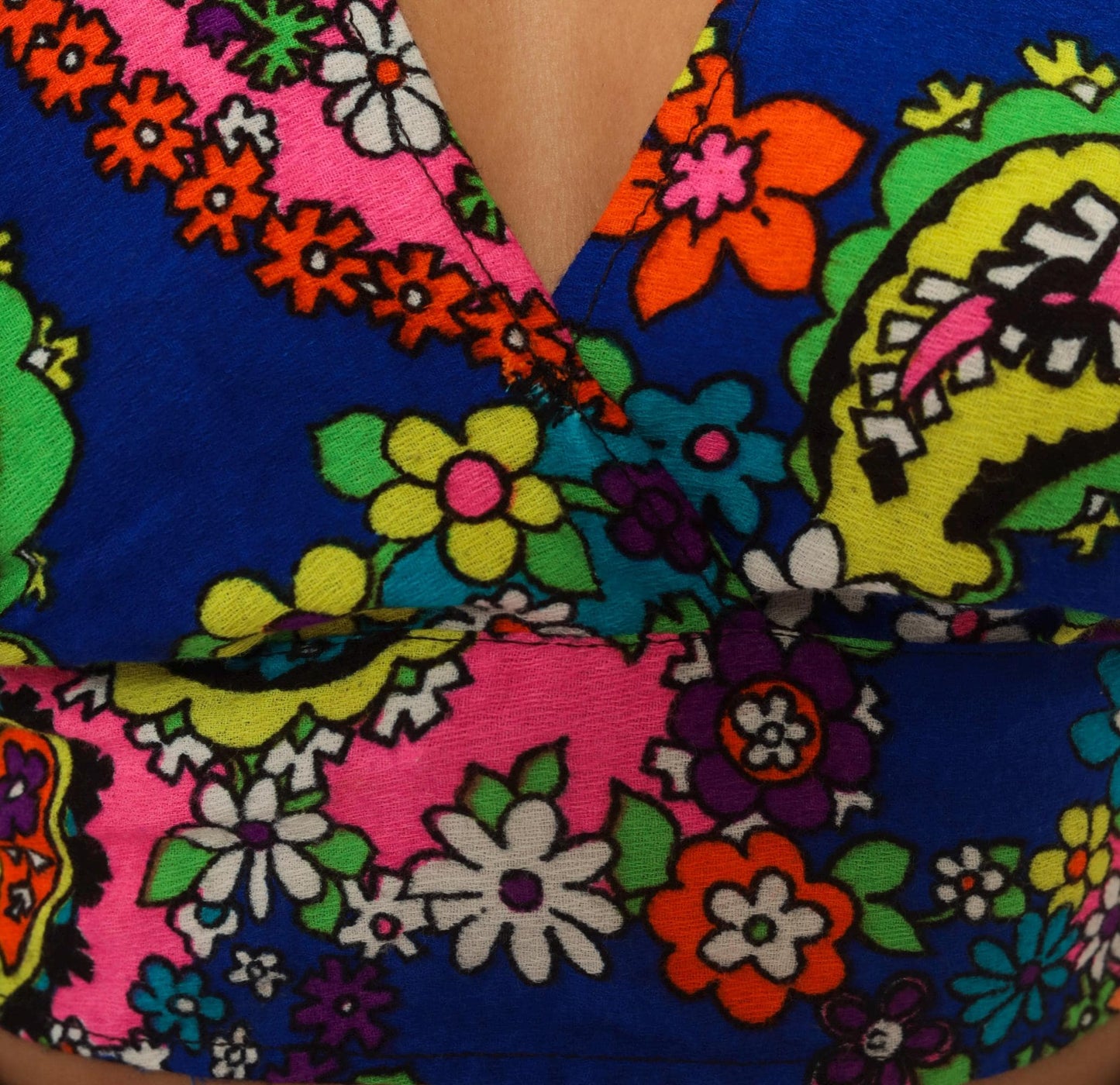 70s Psychedelic Floral Halter Crop Top Tie Back Backless Medium
