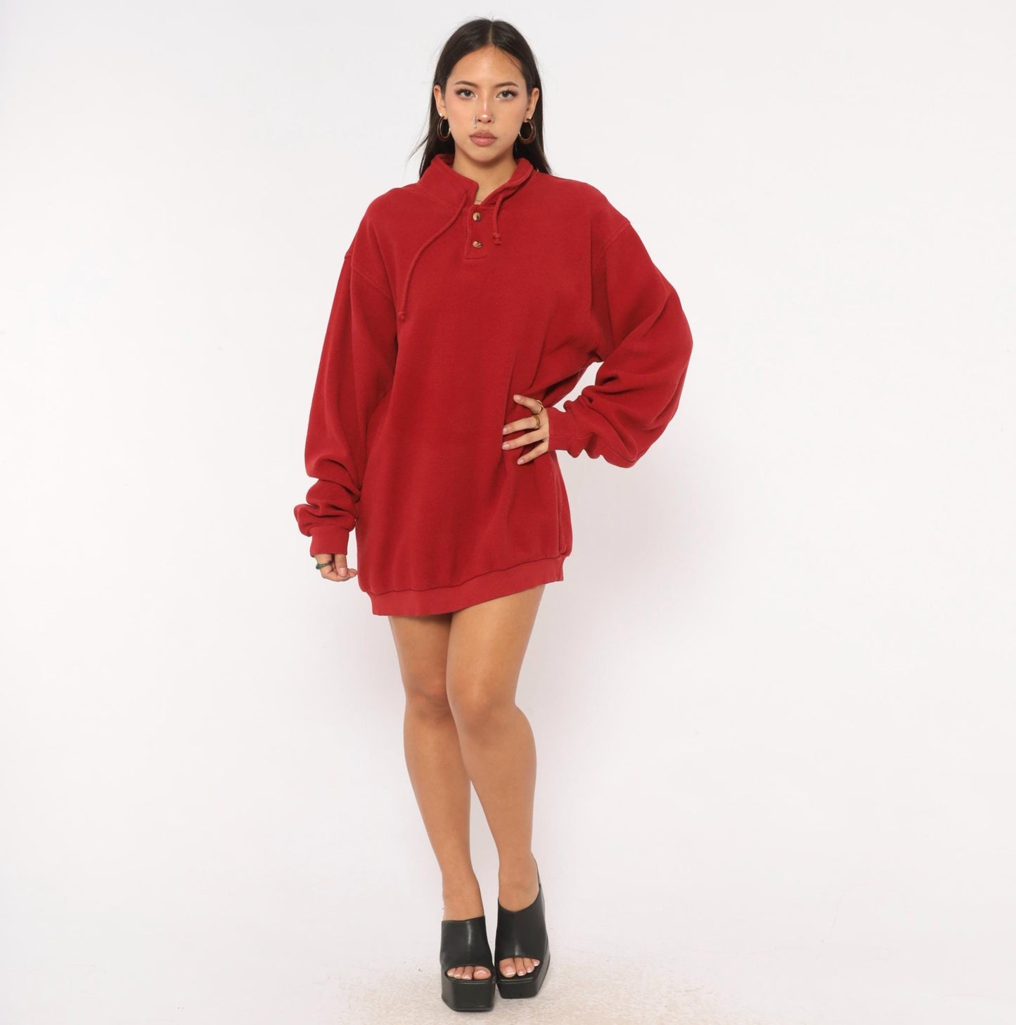90s Crazy Shirt Cranberry Henley Sweatshirt Cotton Mock Neck Drawstring Large L