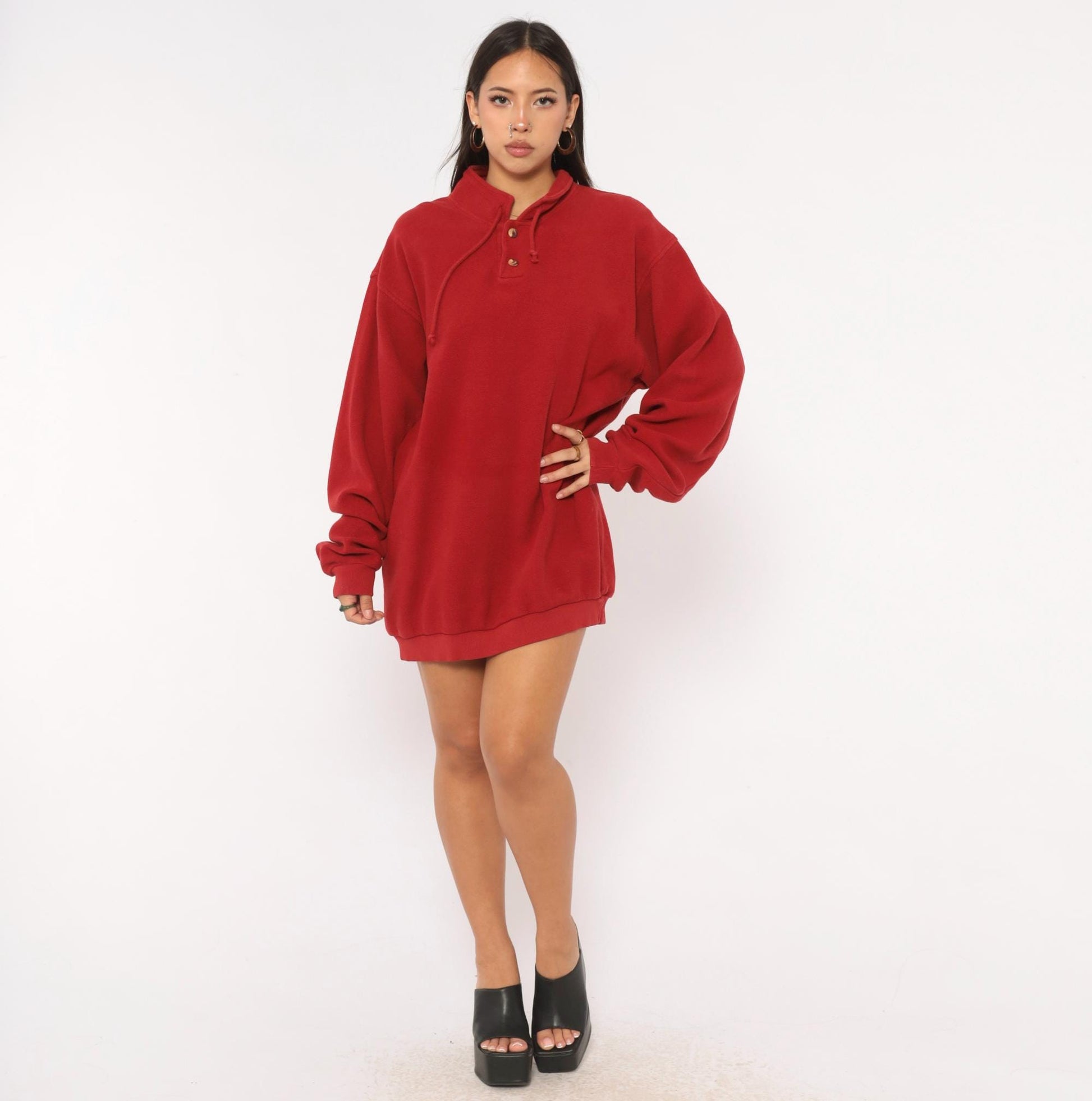 90s Crazy Shirt Cranberry Henley Sweatshirt Cotton Mock Neck Drawstring Large L