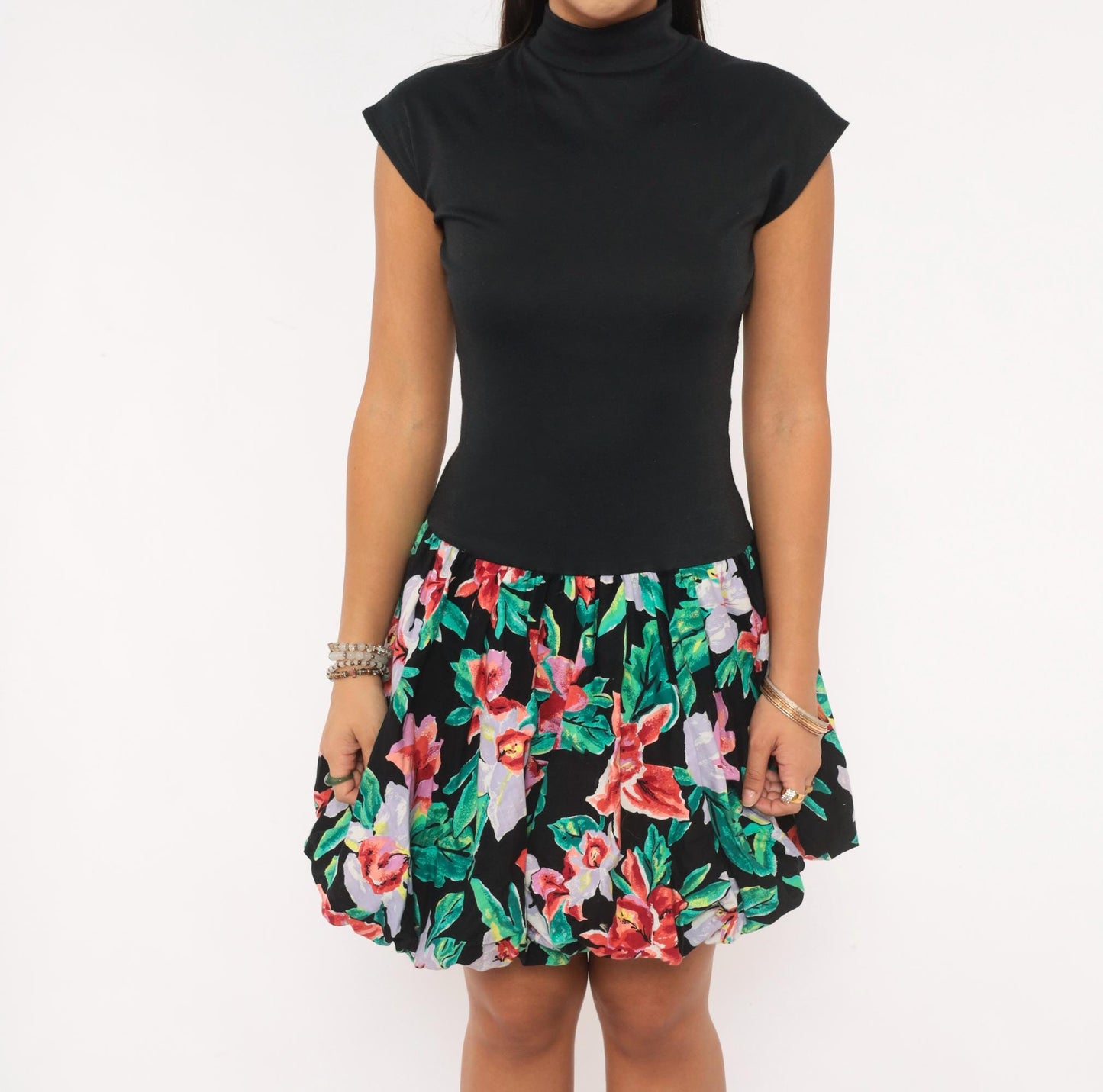 80s Byer Too! Floral Bubble Mini Dress Mock Neck Cap Sleeve Black Small