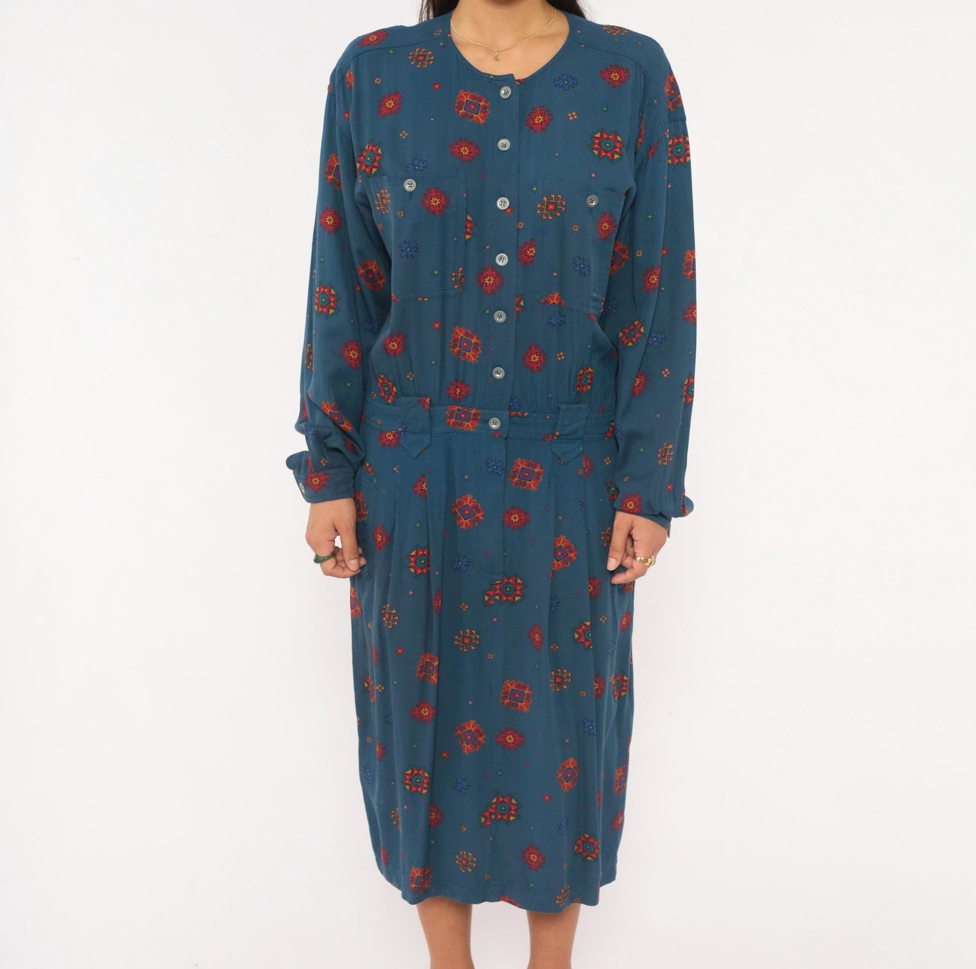 90s Liz Claiborne Geometric Folk Midi Dress Navy Button Front Extra Large XL