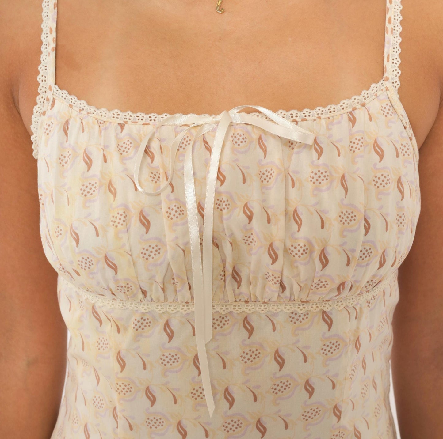 Y2K Floral Sundress Cream Tan Ribbon Bow Lace Trim Cotton Extra Small XS