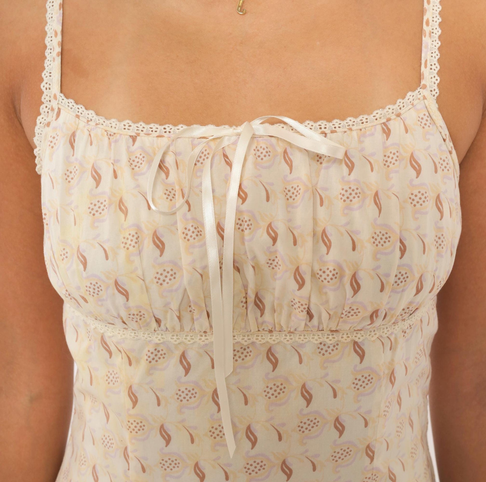 Y2K Floral Sundress Cream Tan Ribbon Bow Lace Trim Cotton Extra Small XS