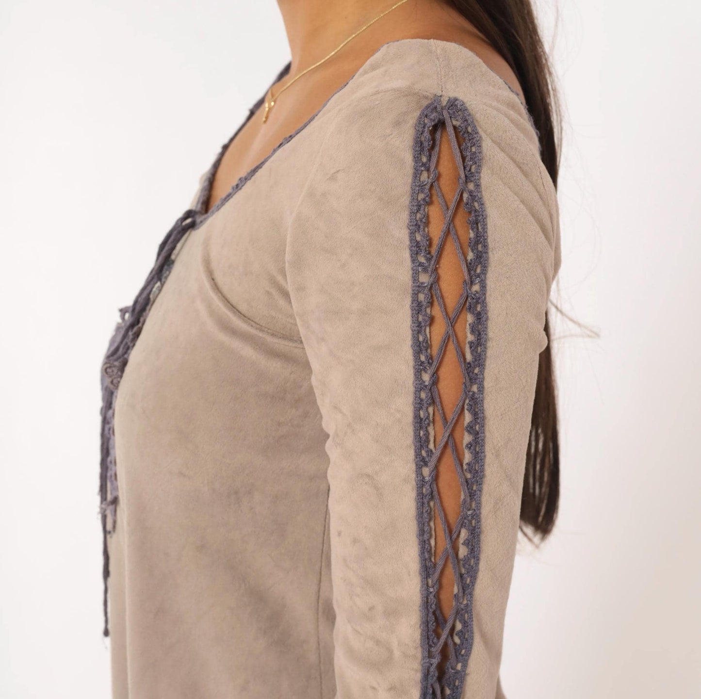 70s Grey Velour Mini Dress Purple Lace Cutout Bell Sleeve Extra Small XS