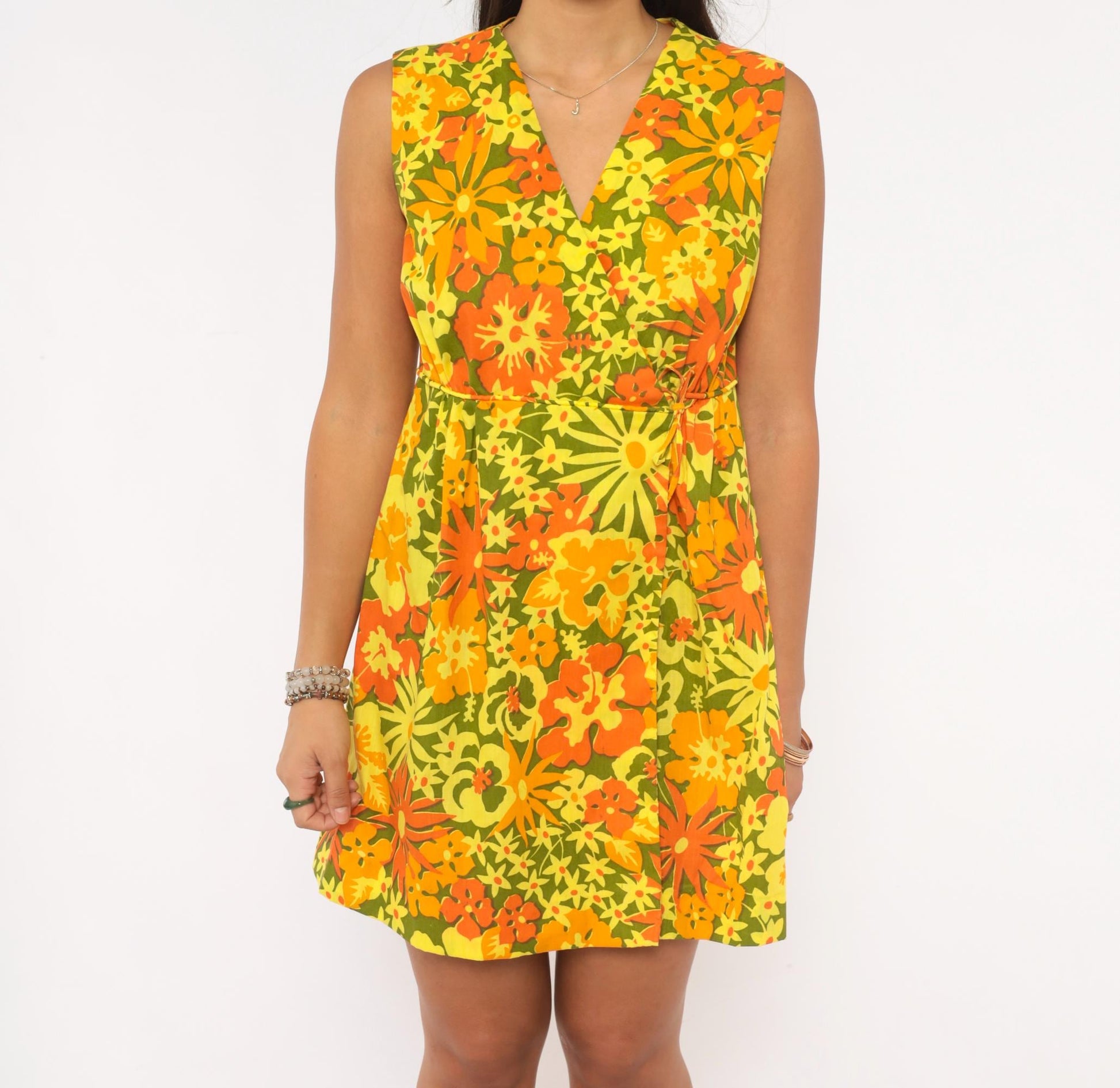 70s Ruth Clarage Psychedelic Floral Wrap Dress Mini Yellow Orange Small