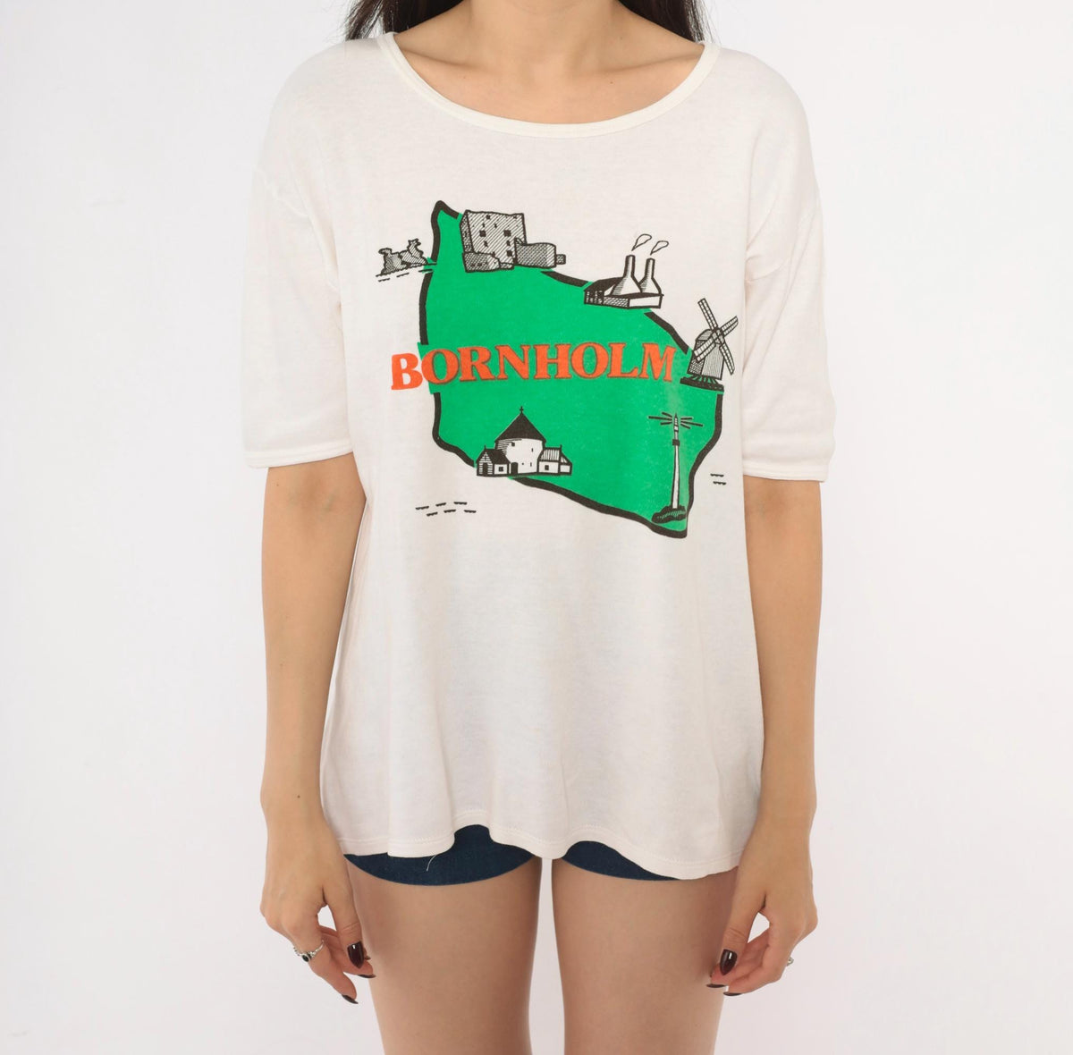 80s Bornholm Denmark Souvenir Tee White Cotton Map Graphic Large L
