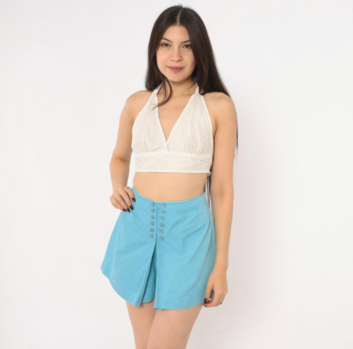 60s Powder Blue Cotton Skort High Waisted Pleated Mini Mod Small S