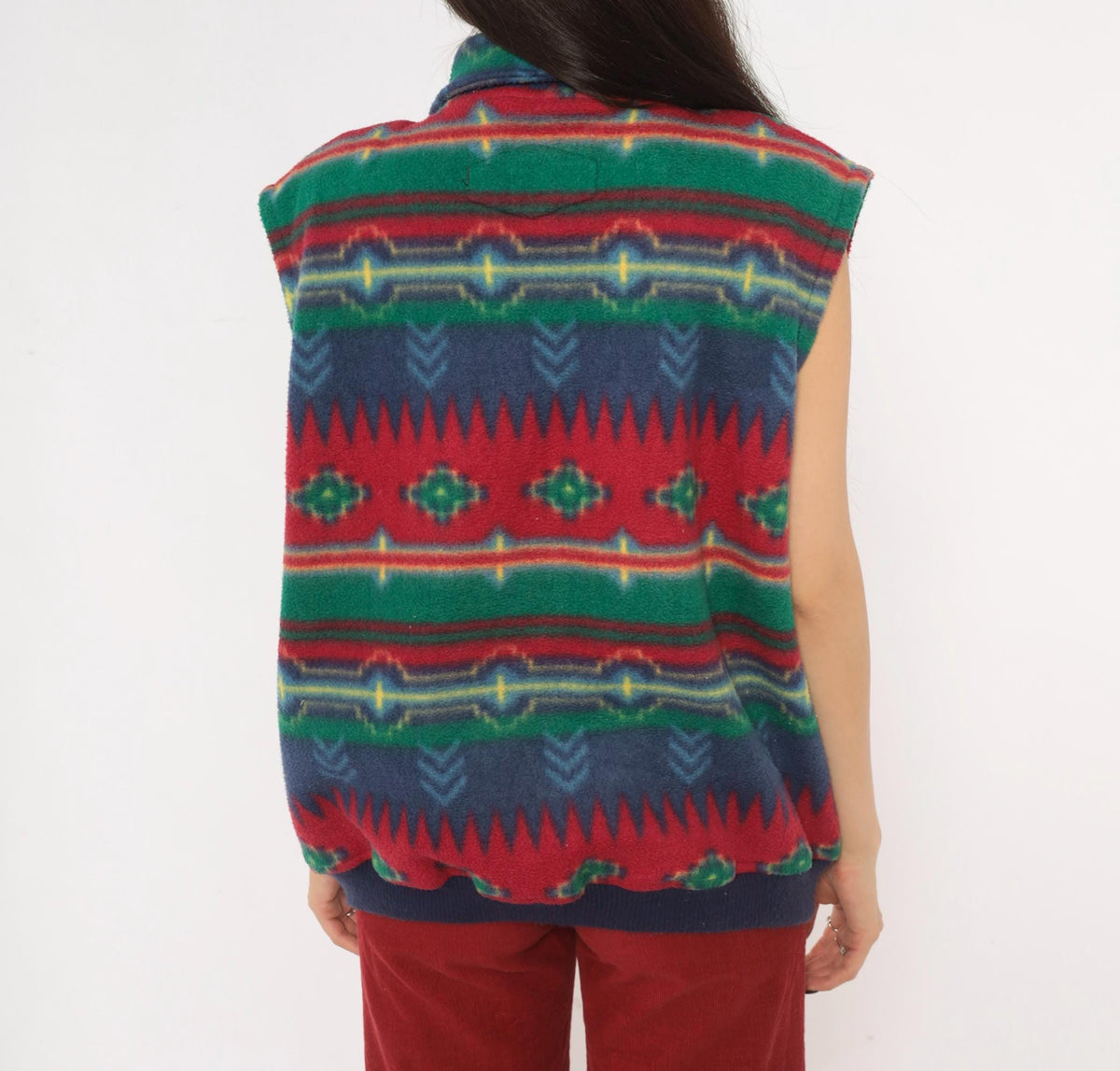 90s Emi Southwestern Fleece Vest Red Blue Geometric Shawl Collar Large L