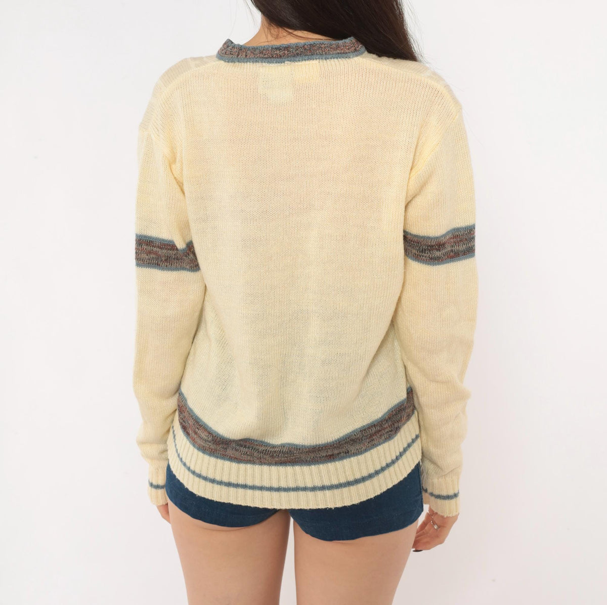 70s Kennington Cable Knit Sweater Cream V Neck Stripe Pullover Small
