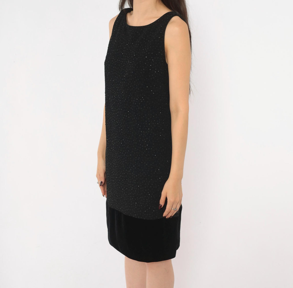 90s Jessica Howard Black Glitter Dress Velvet Trim V Back Knee Length Medium M