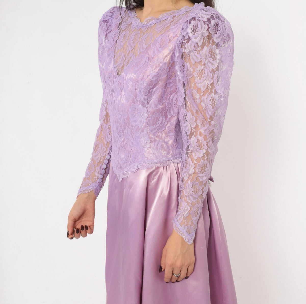 80s Lavender Lace Midi Dress Puff Sleeve Satin Purple V Neck Small