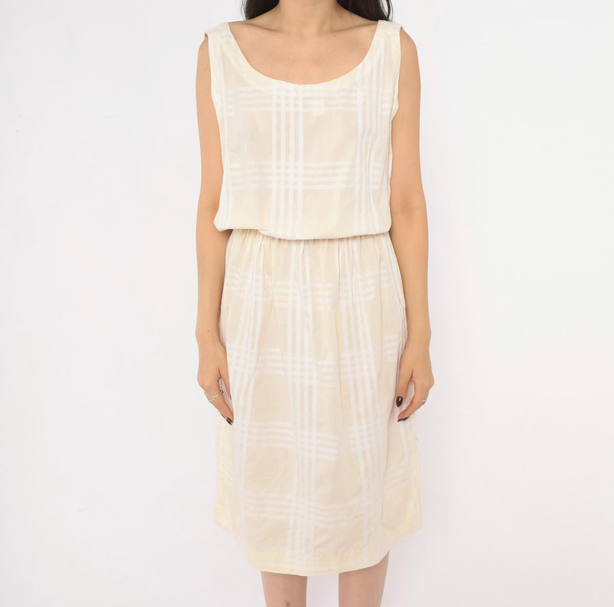 80s Cream Plaid Sleeveless Sundress Scoop Neck Blouson Waist Medium M