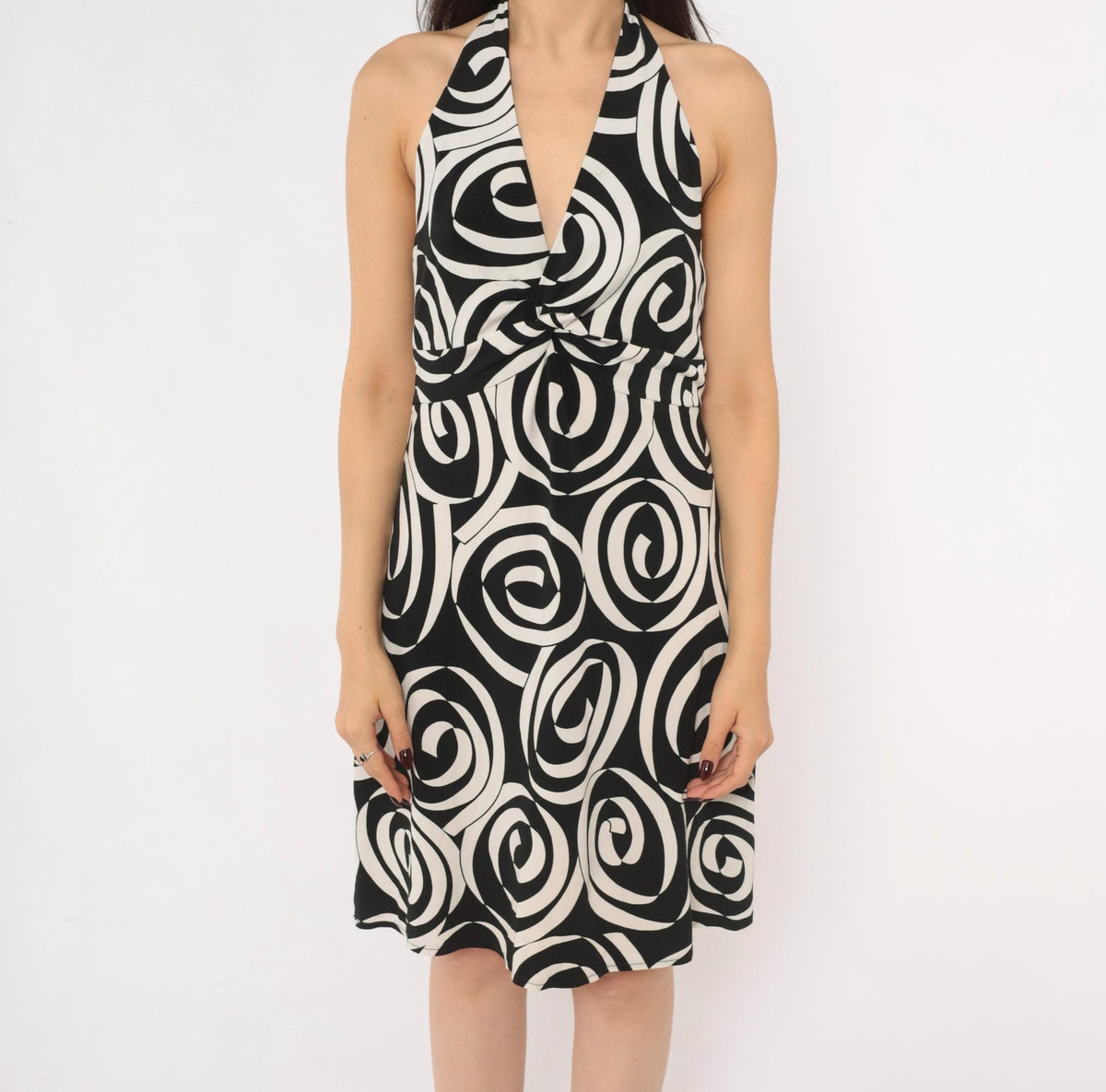 Y2K Maggy London Halter Dress Black White Swirl Print Open Back Medium M