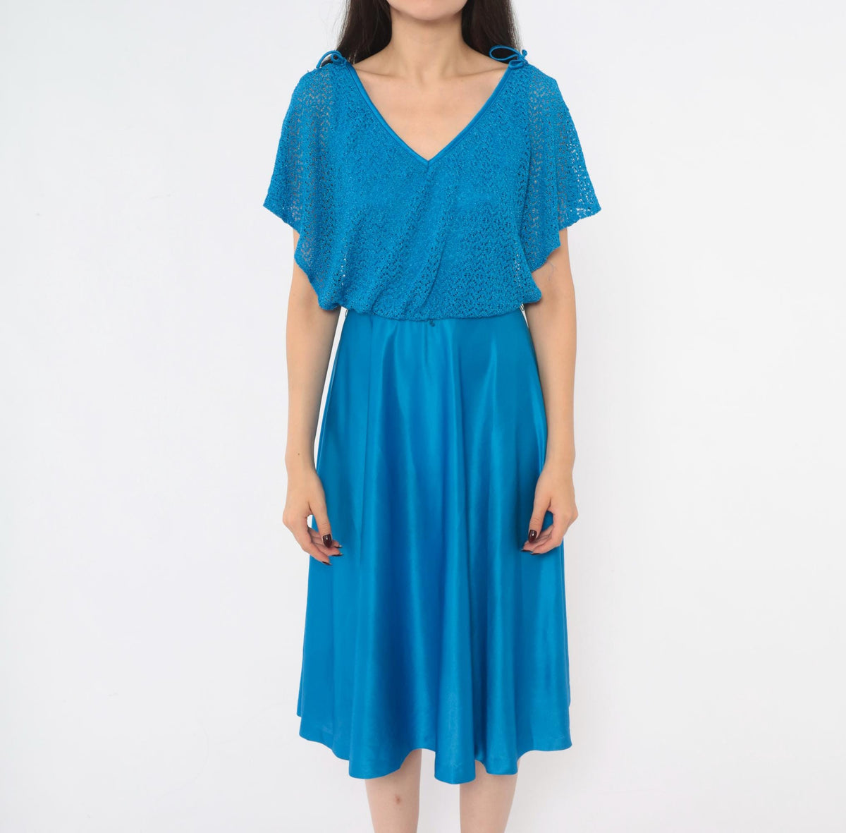 70s Cobalt Blue Crochet Knit Dress Flutter Sleeve V Neck Drop Waist Small