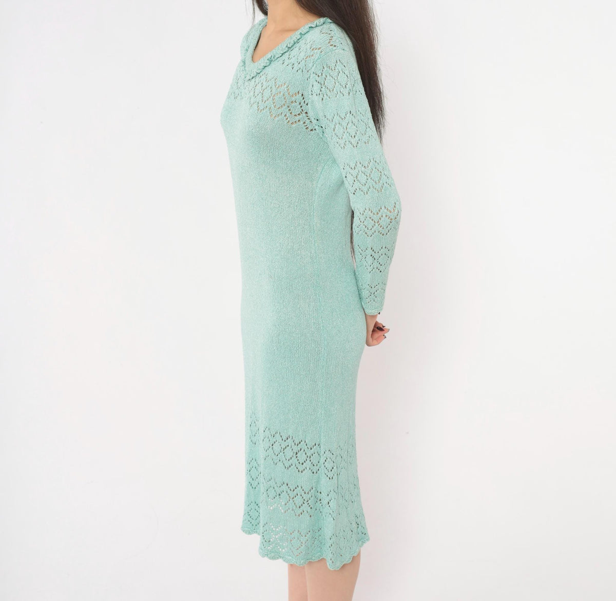 70s Seafoam Pointelle Knit Dress Cotton V-Neck Scalloped Long Sleeve Medium