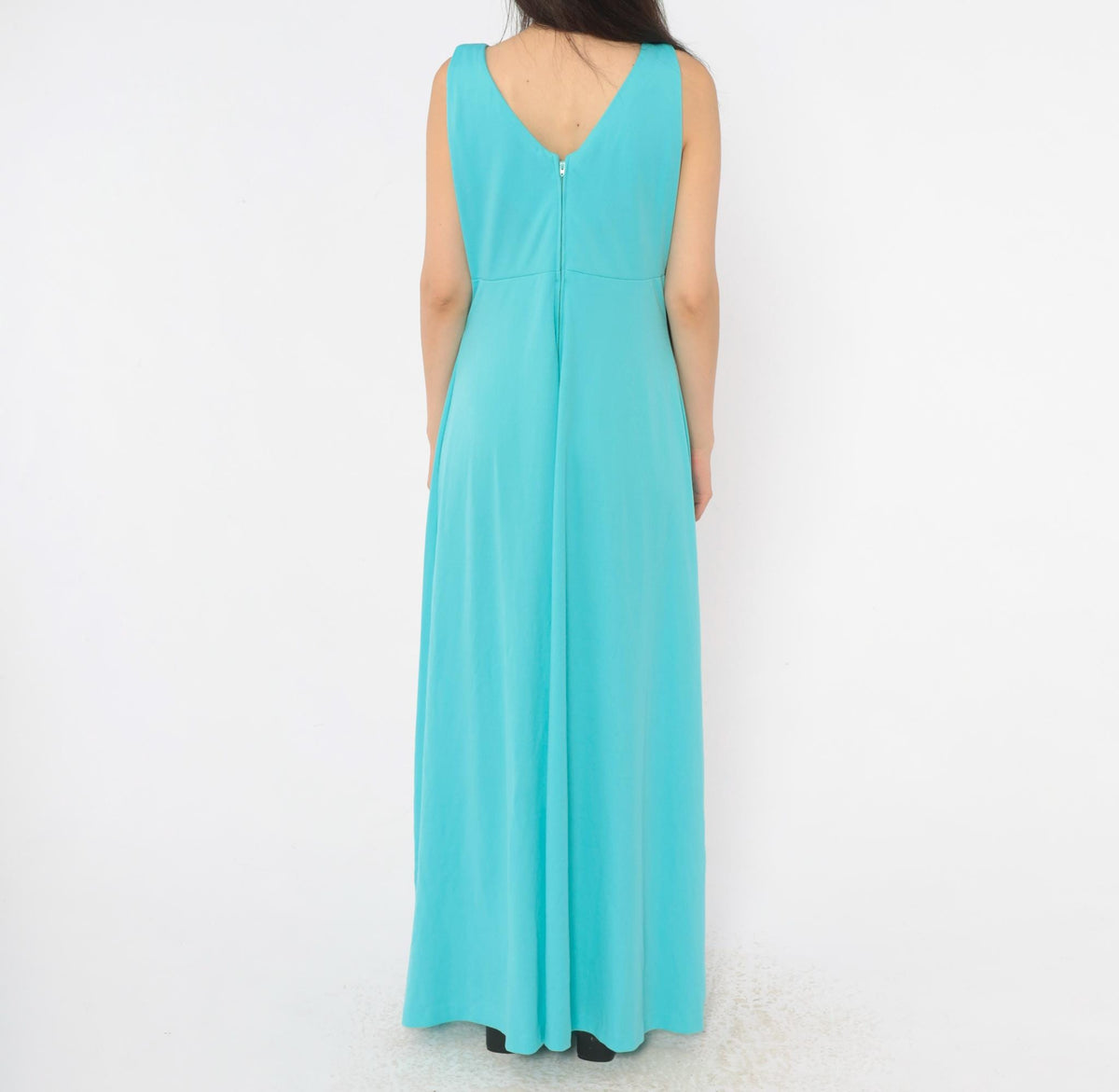 70s Turquoise Maxi Dress Deep V Neck Empire Waist Rhinestone Brooch Large L