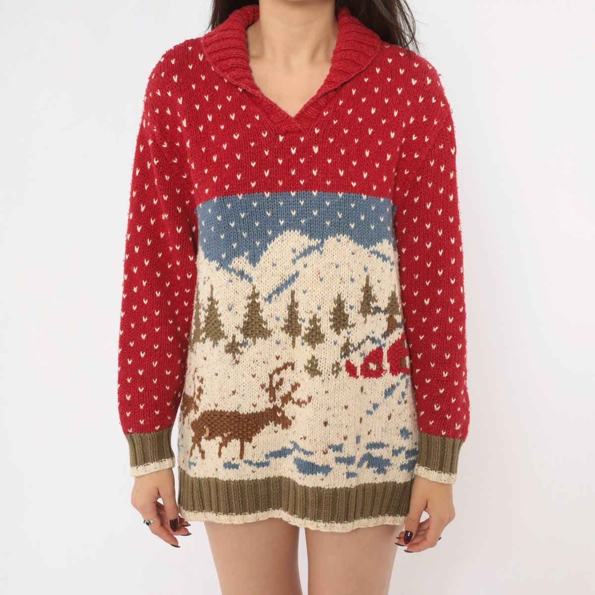 90s Liz Claiborne Hand Knit Reindeer Sweater Red Shawl Collar Small