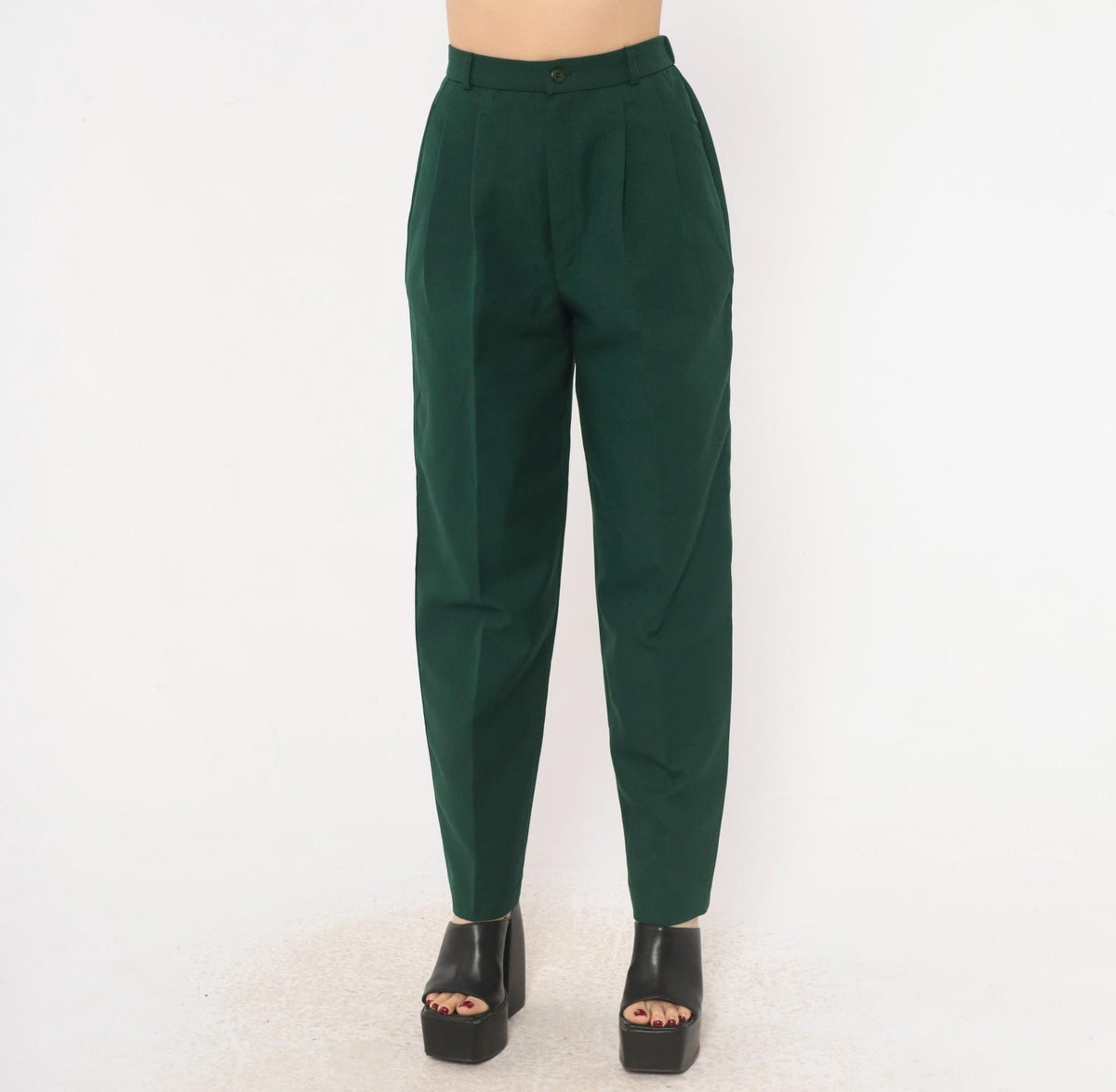 80s La Donna Forest Green Pleated High-Waist Trousers Tapered Leg Extra Small