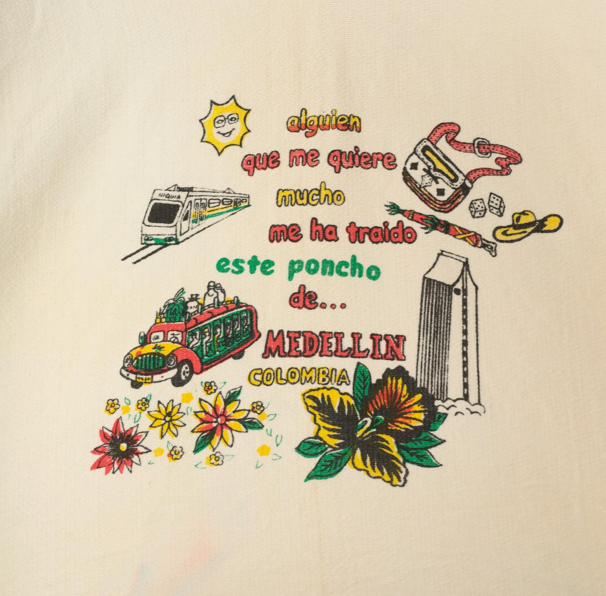 80s Medellin Colombia Souvenir Poncho Cream Cotton Graphic V Neck Fringe One Size