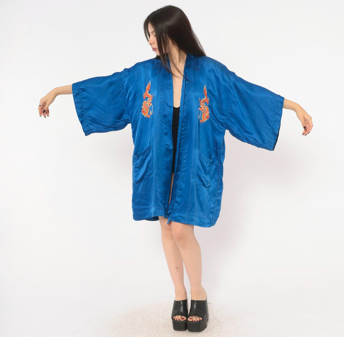 90s Golden Deer Silk Kimono Robe Cobalt Blue Dragon Embroidered Medium