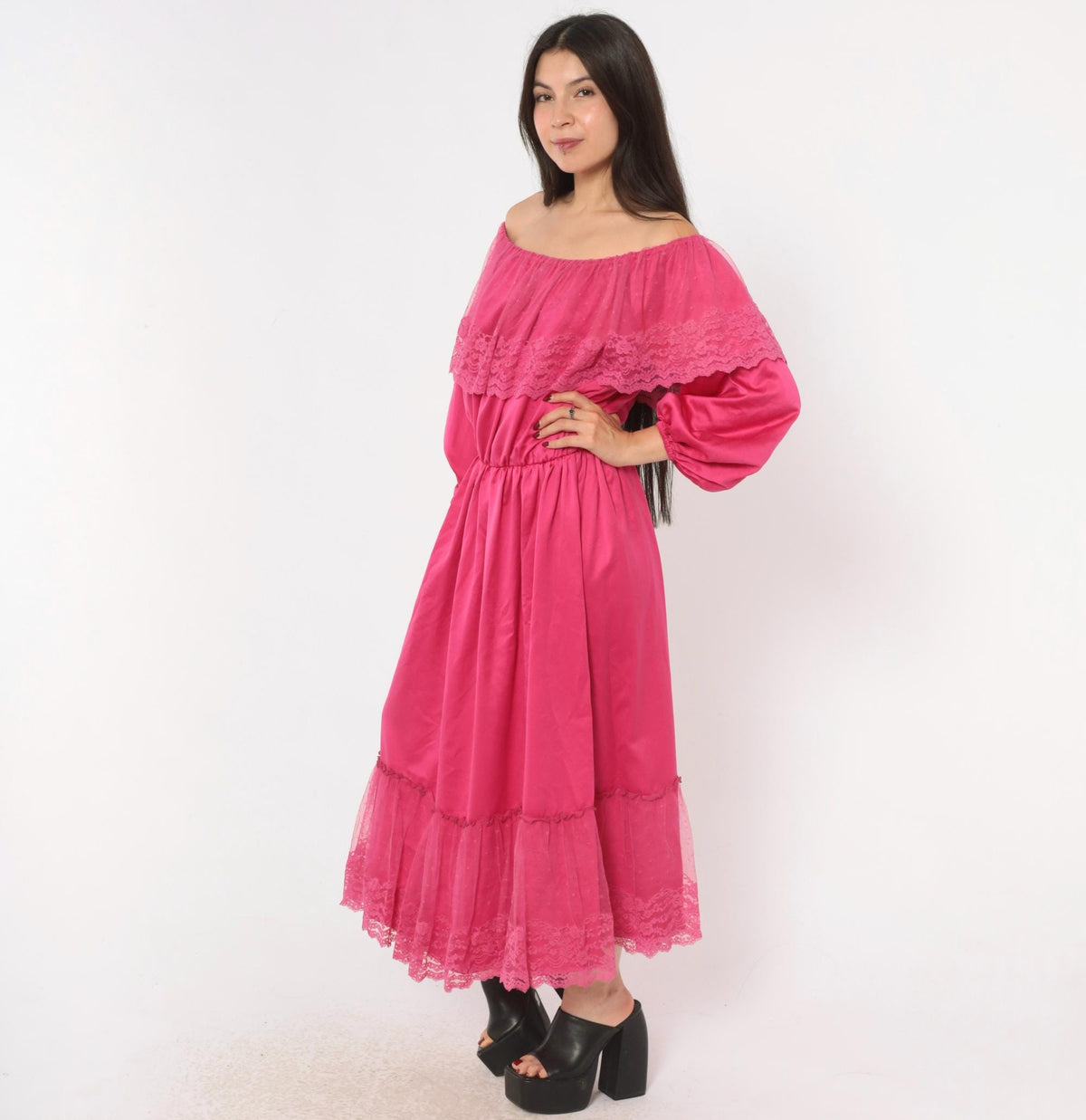 80s Hot Pink Off-Shoulder Midi Dress Lace Ruffle Balloon Sleeve Medium M