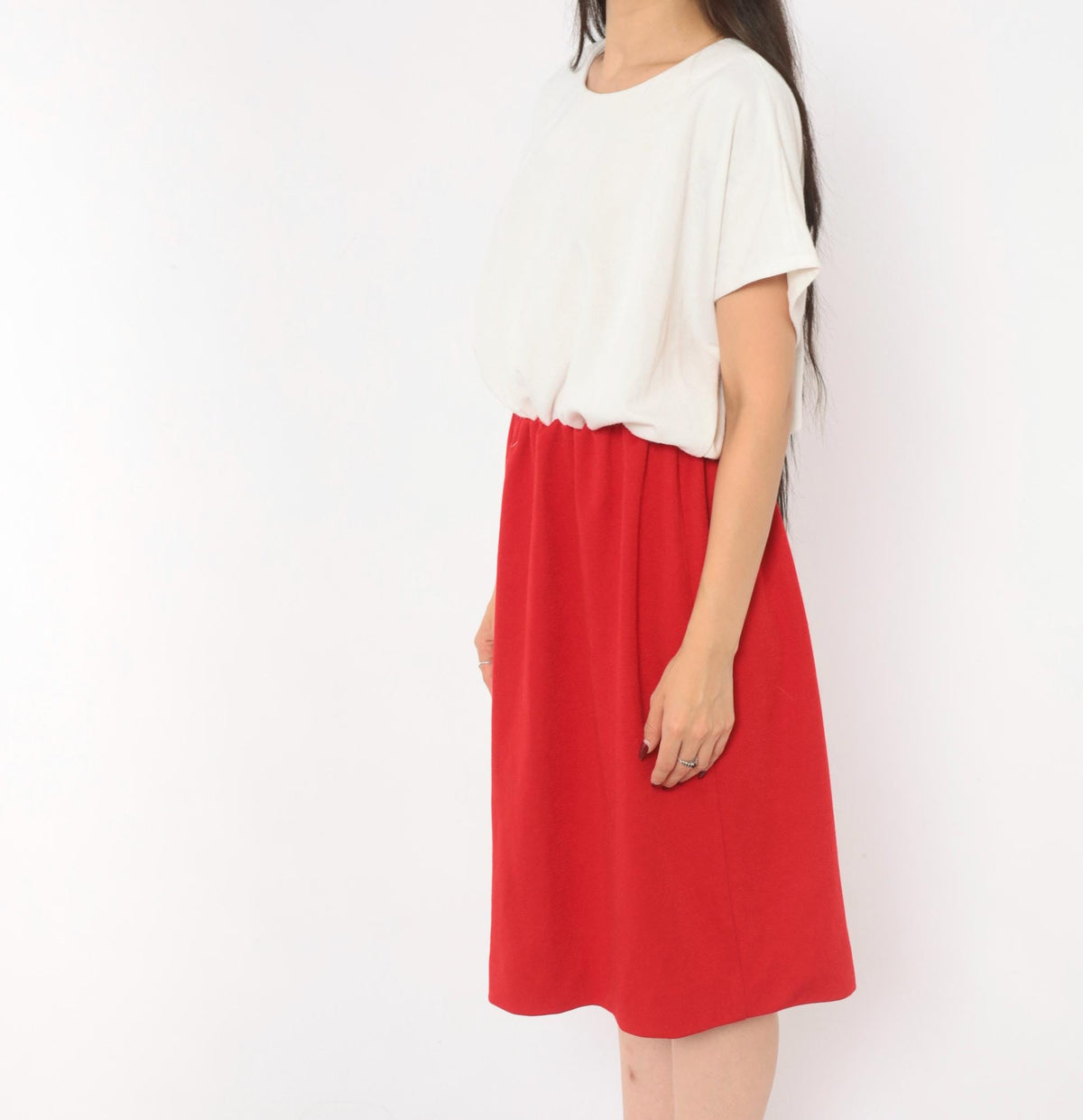 80s Leslie Fay Colorblock Dress White Red Gathered Waist Knee-Length Plus Size 1X