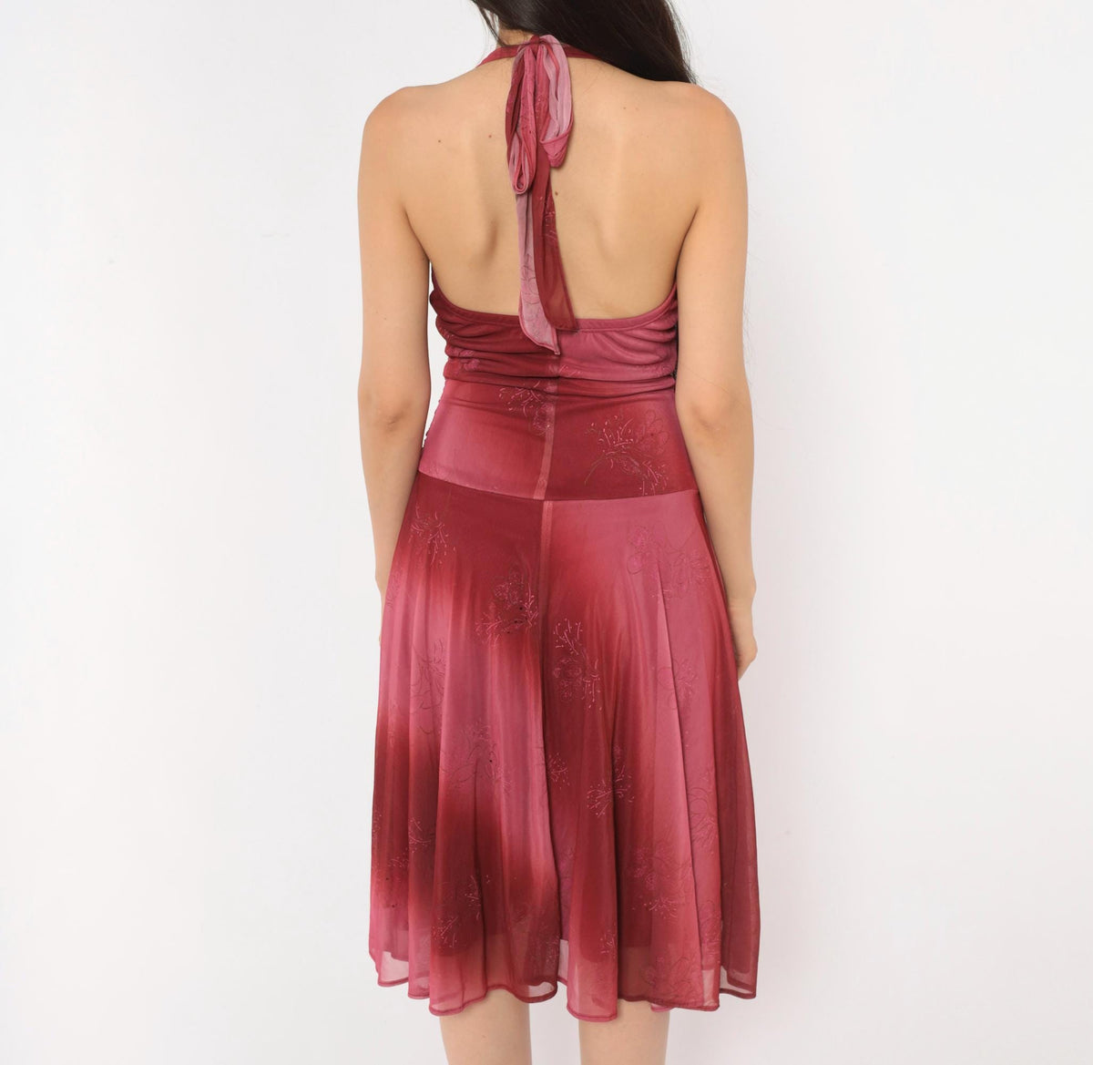 00s Fanny Fashion Burgundy Ombre Halter Dress Deep V Neck Mesh Floral Glitter Small