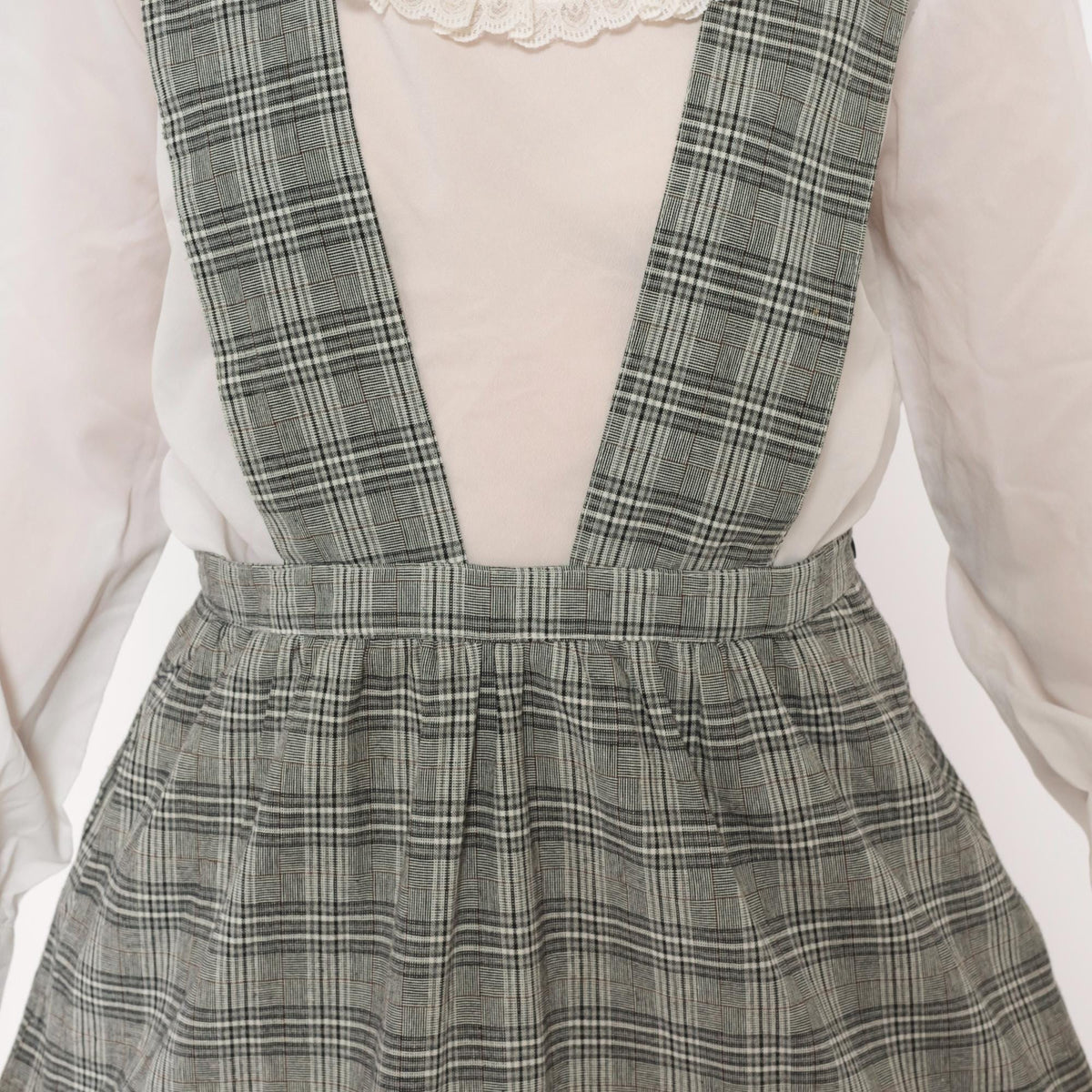 90s Grey Glen Plaid Pinafore Dress V-Neck Suspender Straps Tiered Ruffle Medium M