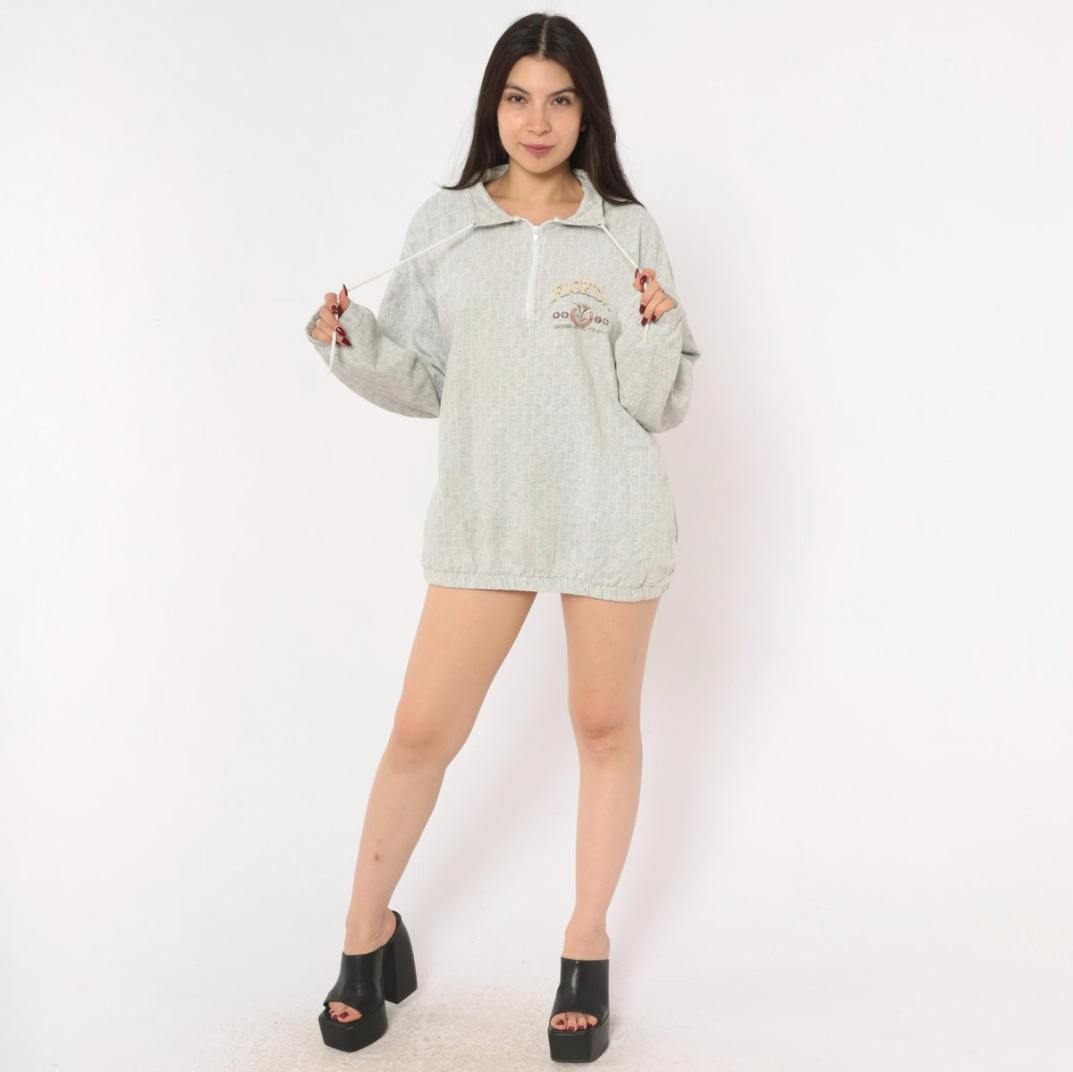 90s Tropical Casuals Florida Half-Zip Pullover Grey Cotton Waffle Knit Large