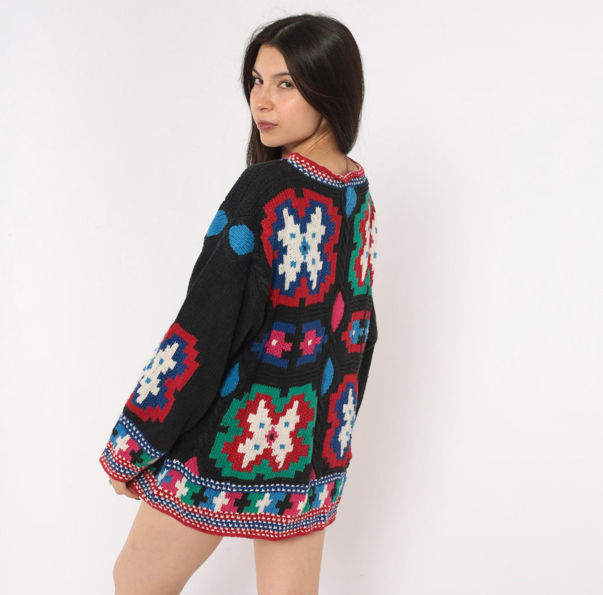 90s Hunter's Run Southwestern Patchwork Beaded Knit Pullover Black Small
