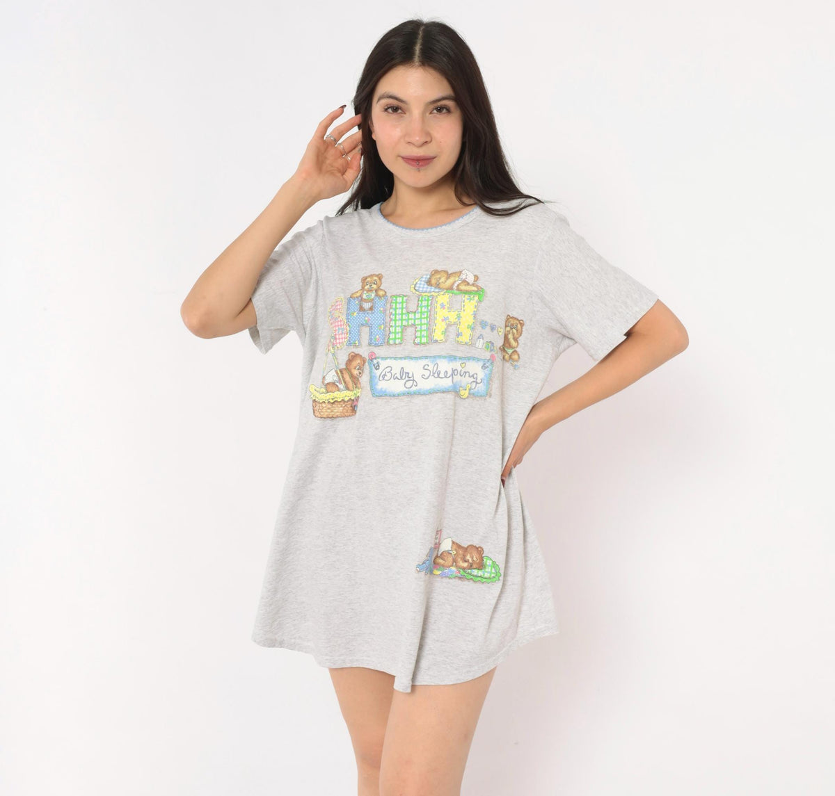 90s New Addition Maternity Sleep Shirt Grey Teddy Bear Graphic Medium