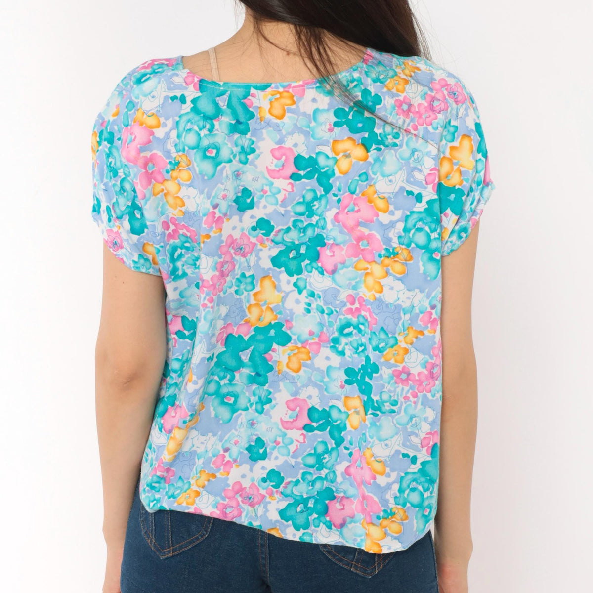 80s Watercolor Floral Crop Top Teal Pink Periwinkle Cap Sleeve Medium