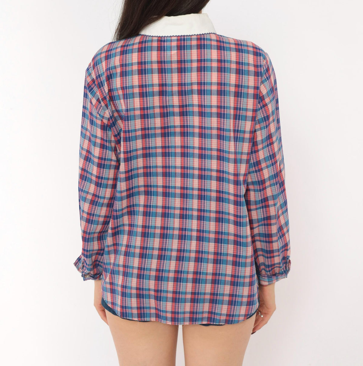 80s Oak Hill Plaid Peter Pan Collar Button Blouse Blue Red White Medium