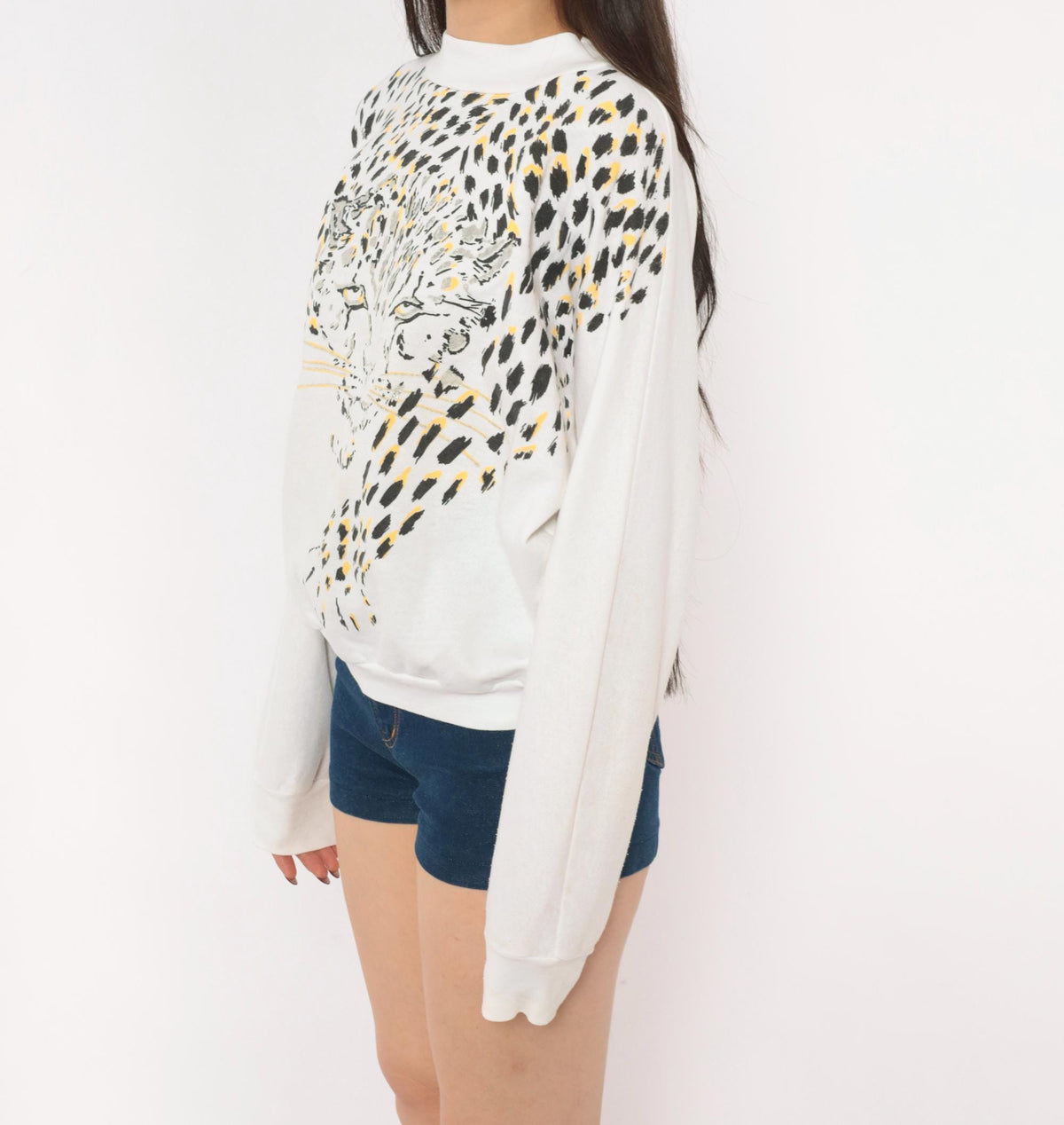 90s Land n Sea Leopard Face Sweatshirt White Gold Metallic Graphic Small