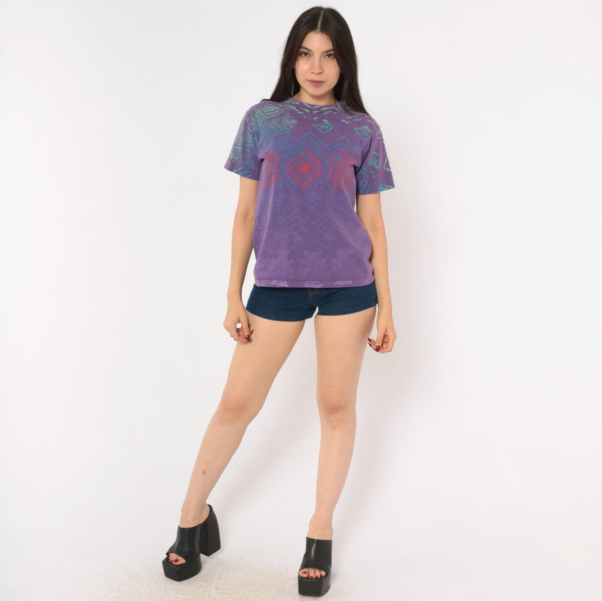 90s Morey Boogie All Over Print Tee Purple Teal Geometric Tribal Cotton XS