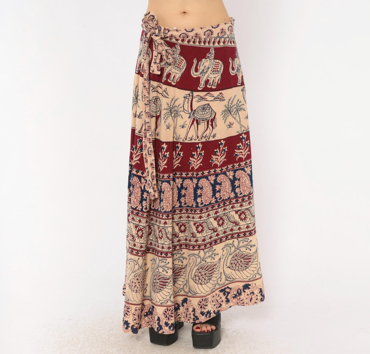 70s Indian Block Print Cotton Wrap Skirt Maxi Burgundy Navy Elephant Peacock Small