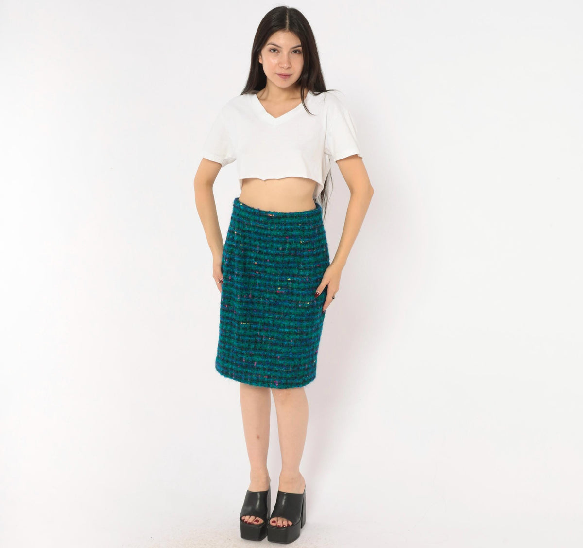 2000s Jones New York Teal Bouclé Pencil Skirt Wool Mohair Knee Length Small