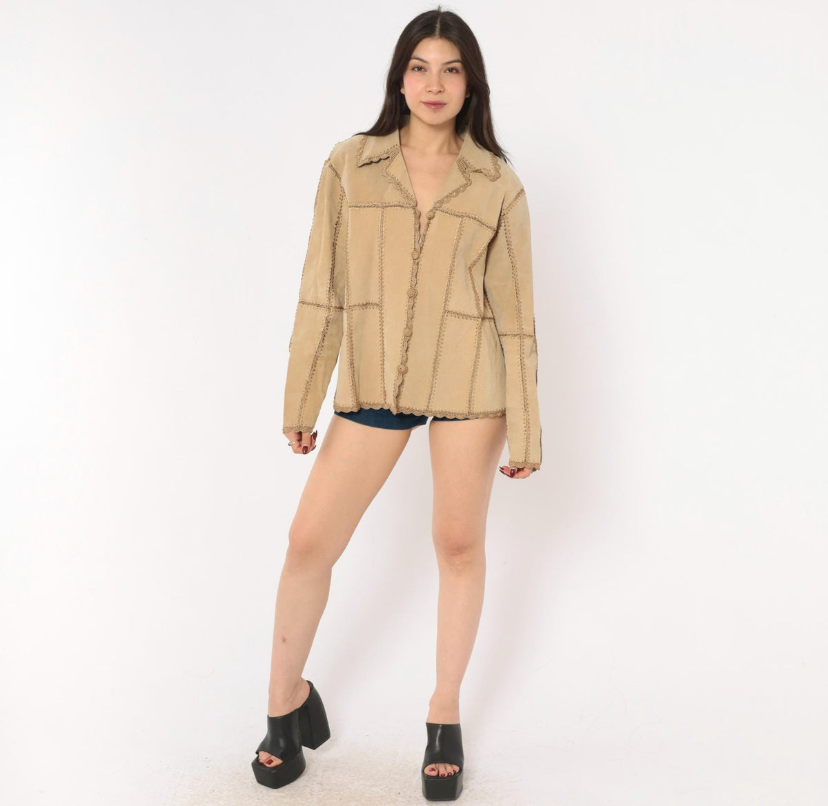 2000s Tan Suede Patchwork Jacket Crochet Trim Button Front Medium