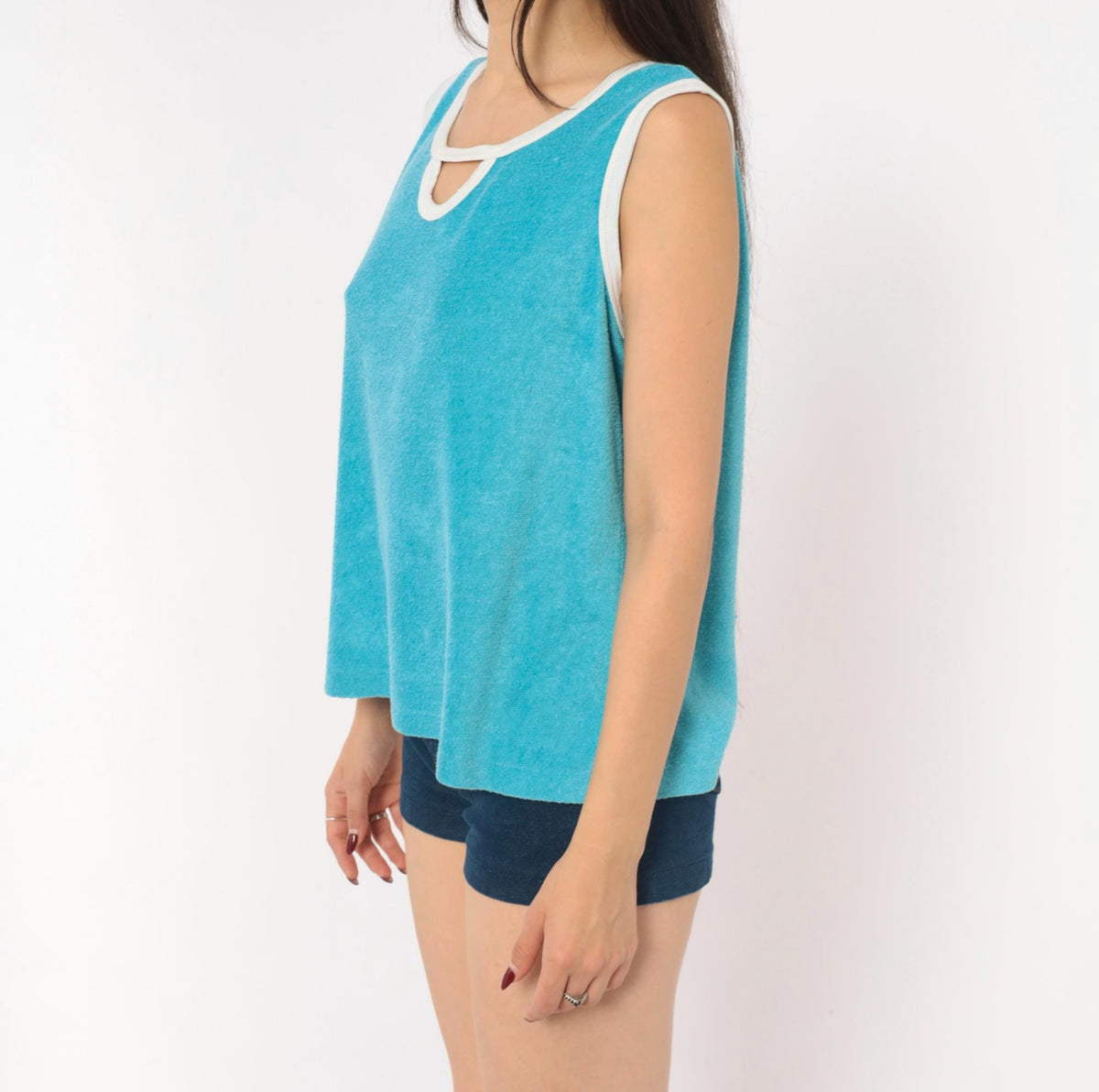 70s Sky Blue Terry Cloth Tank Keyhole Neckline White Trim Medium